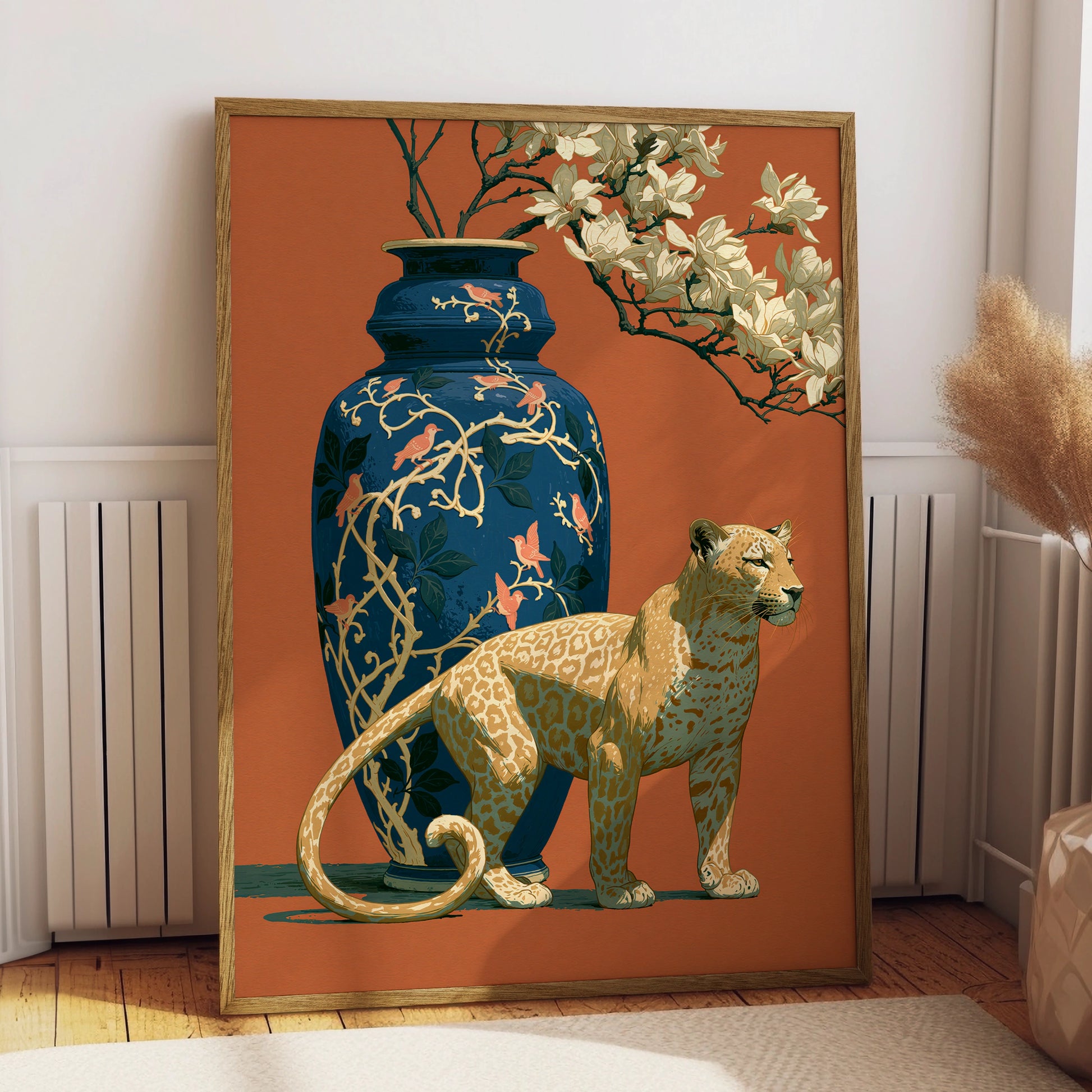 Leopard and Vase Illustration, Elegant Wall Art Print, Animal Decor for Home