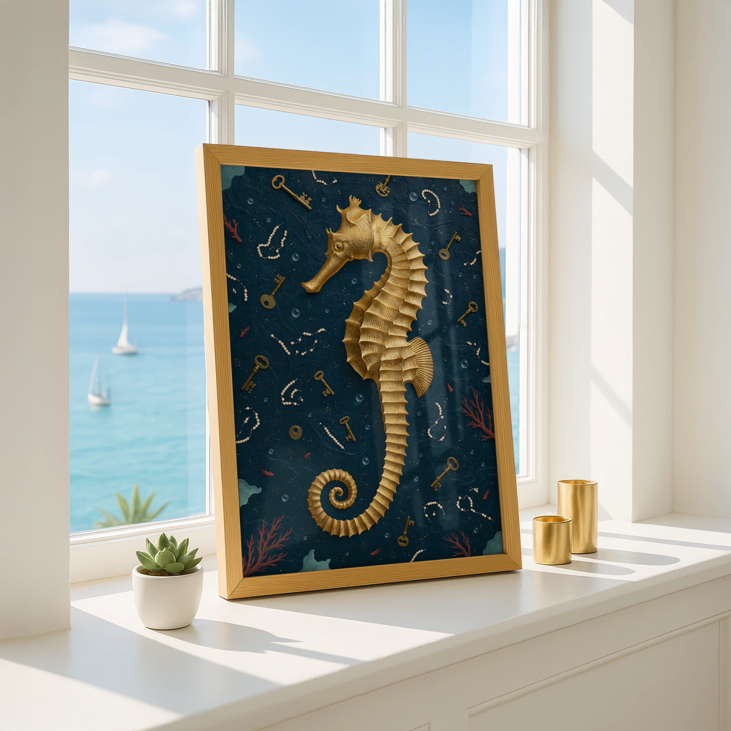 Seahorse Art Print, Nautical Wall Decor, Golden Seahorse, Ocean-Themed Art
