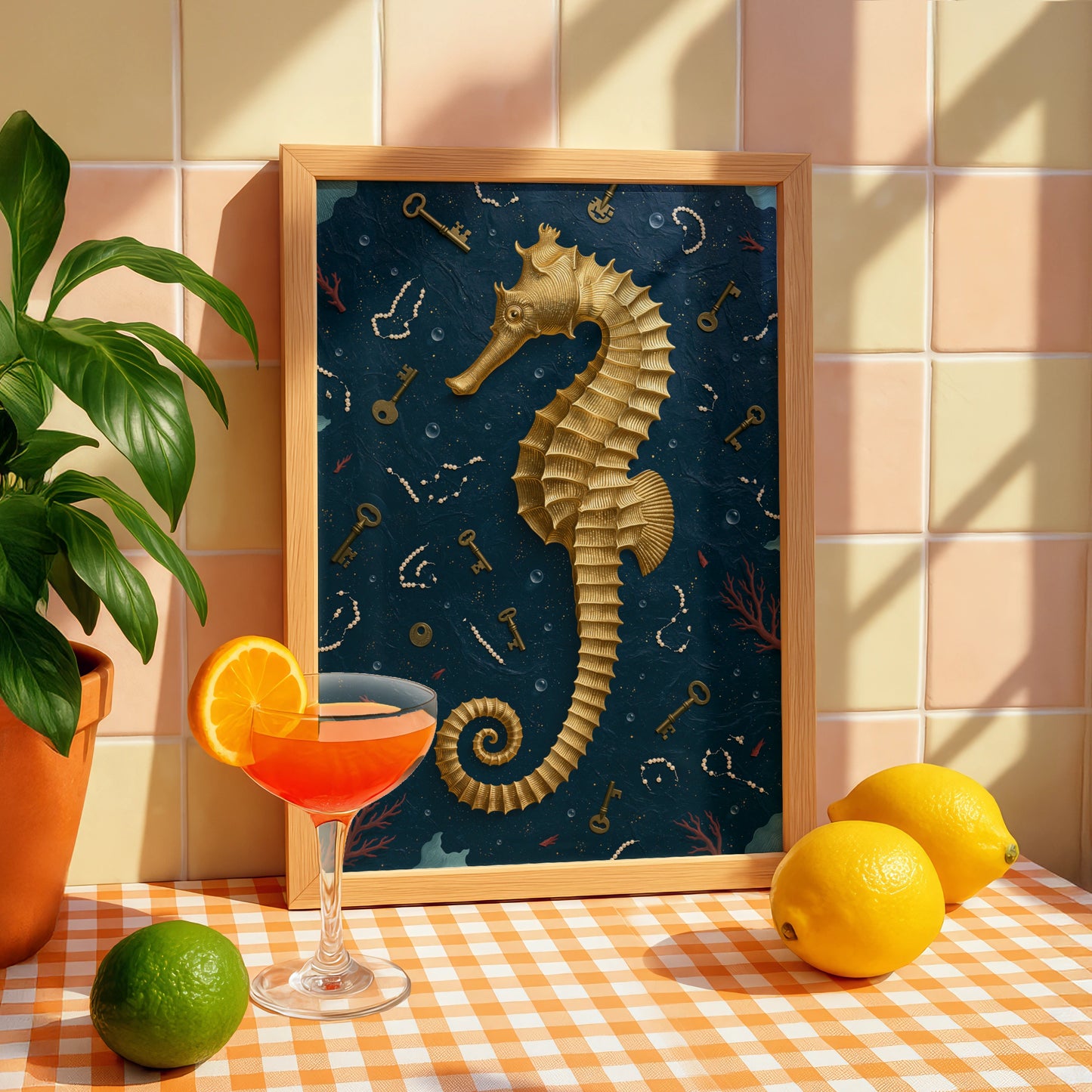 Seahorse Art Print, Nautical Wall Decor, Golden Seahorse, Ocean-Themed Art