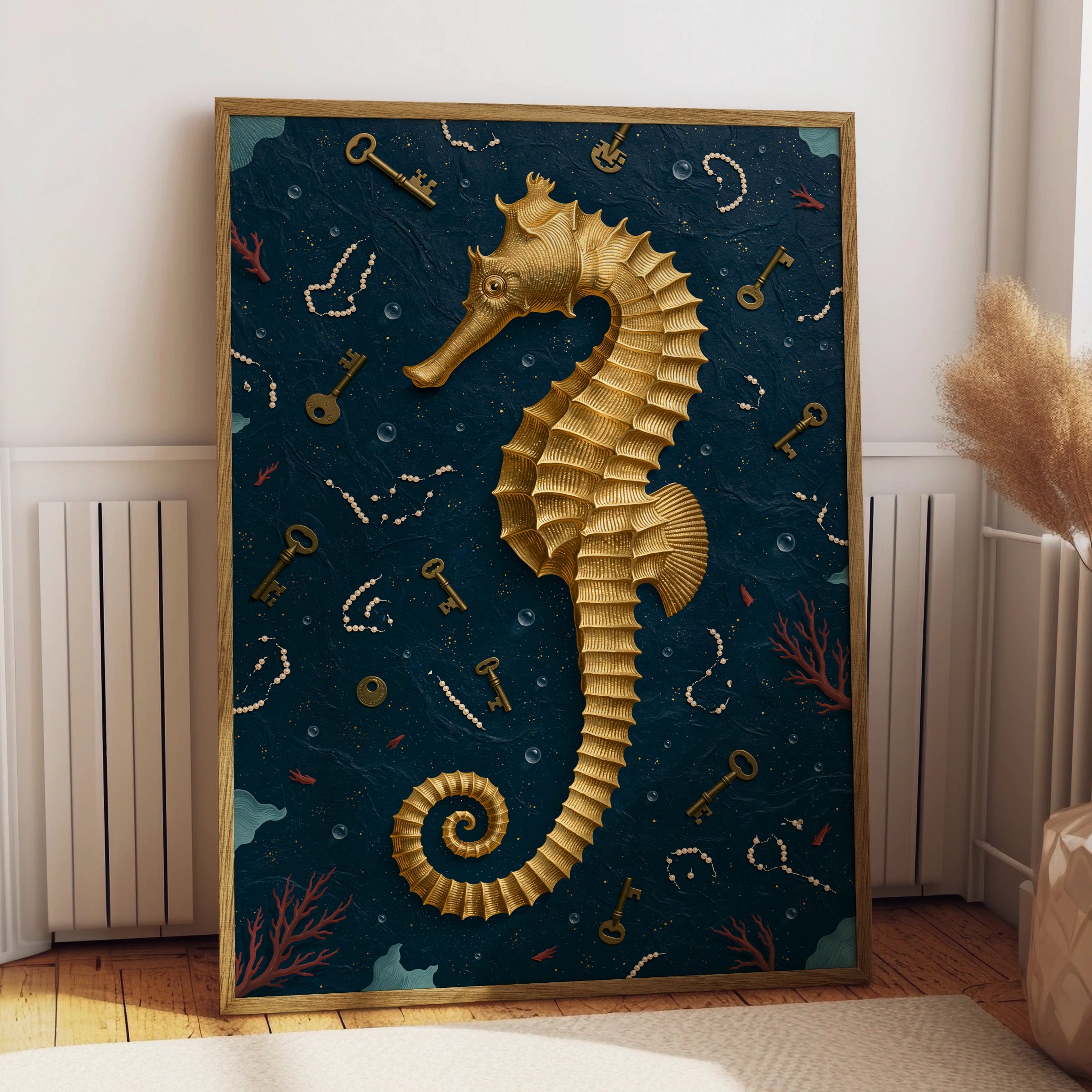 Seahorse Art Print, Nautical Wall Decor, Golden Seahorse, Ocean-Themed Art
