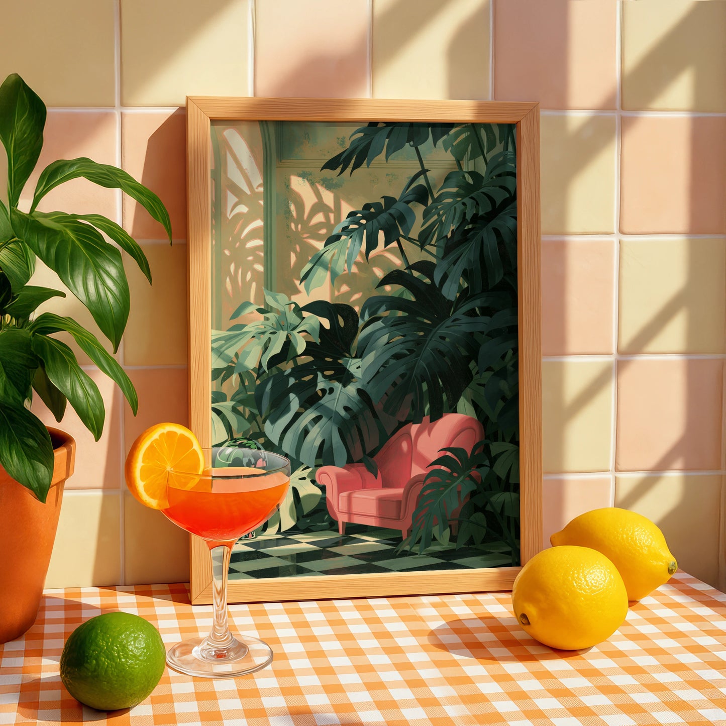 Tropical Plant Scene, Monstera Leaves Art, Pink Armchair Print, Home Decor, Botanical Illustration