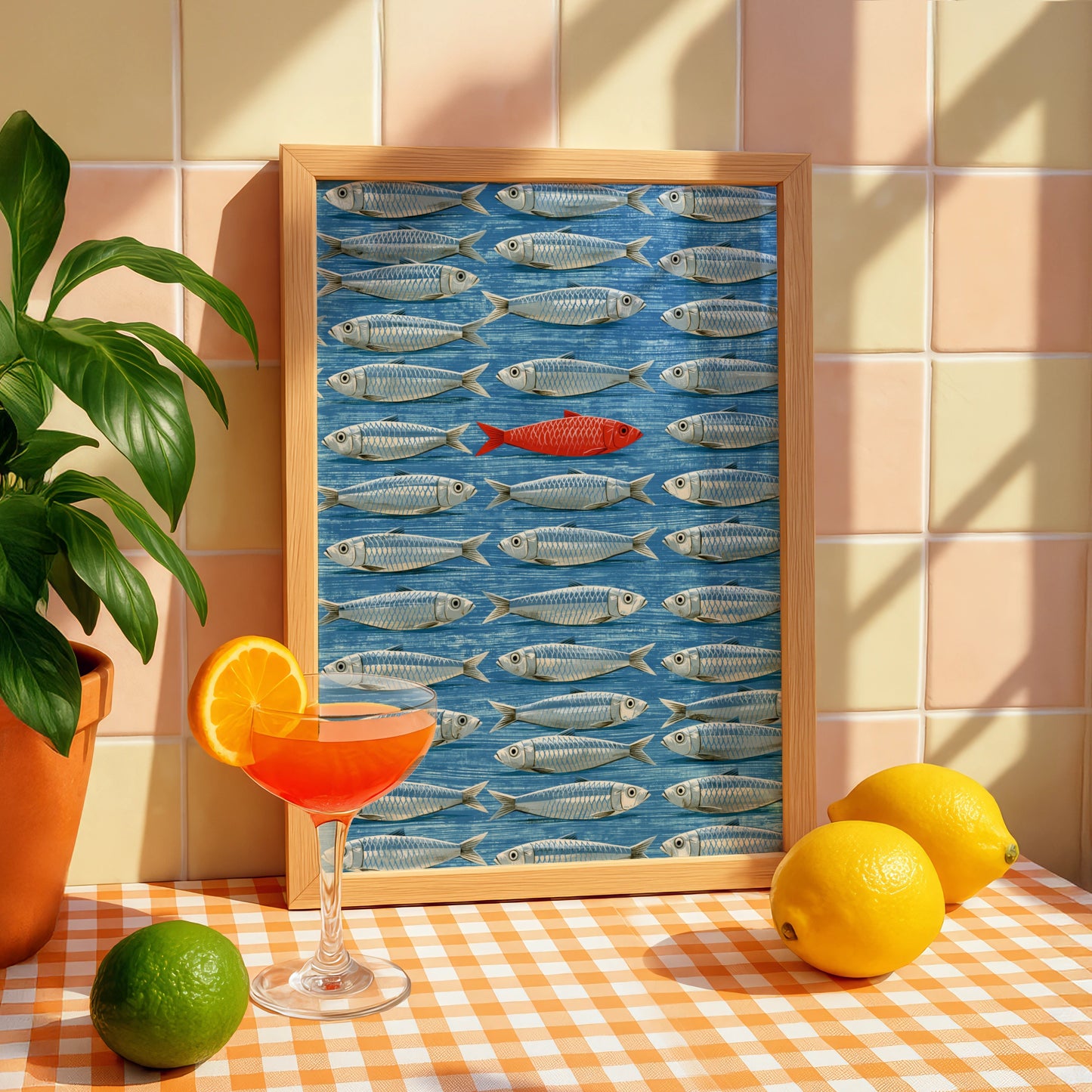 Unique Red Fish Amongst Blue School, Digital Art Print, Nautical Wall Decor