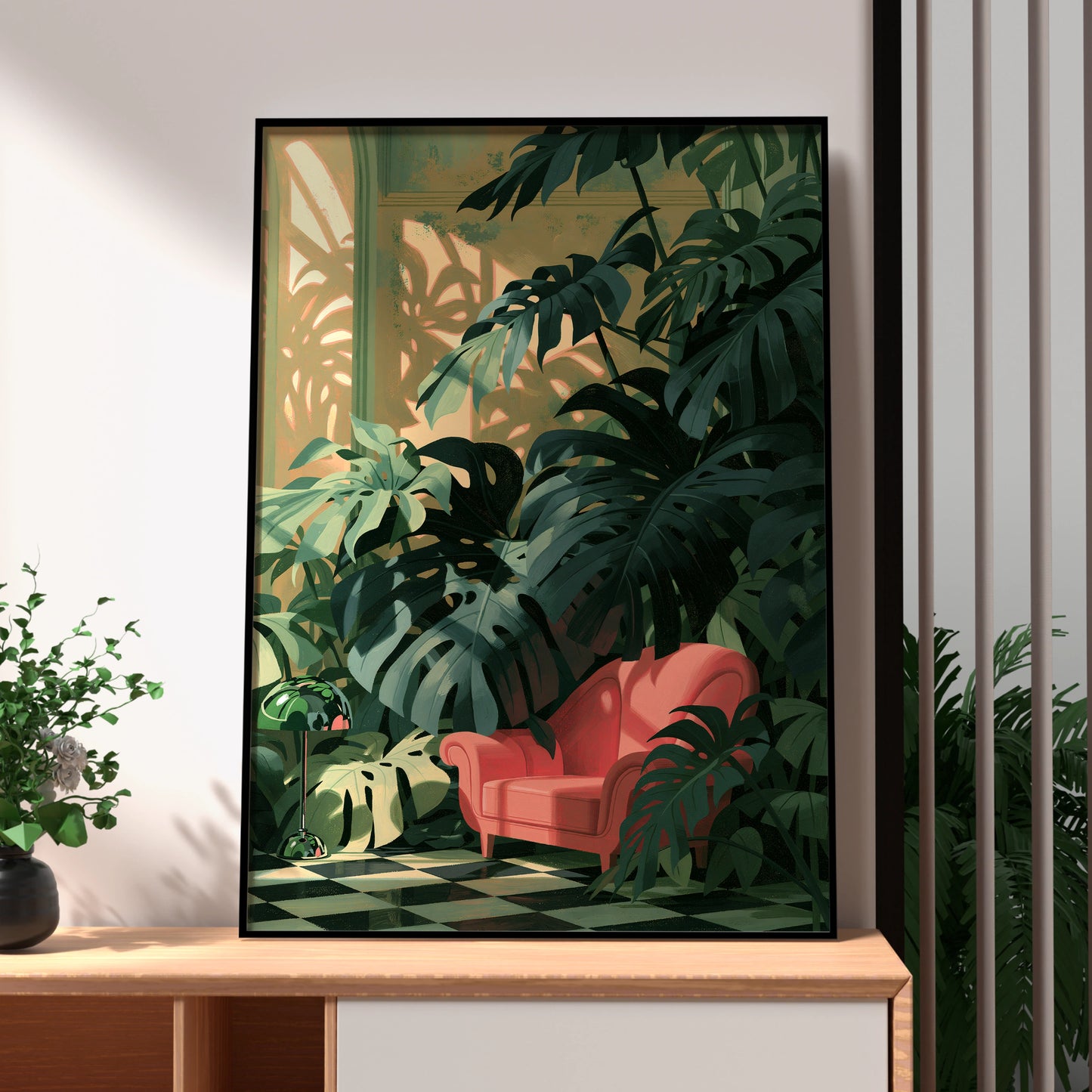 Tropical Plant Scene, Monstera Leaves Art, Pink Armchair Print, Home Decor, Botanical Illustration