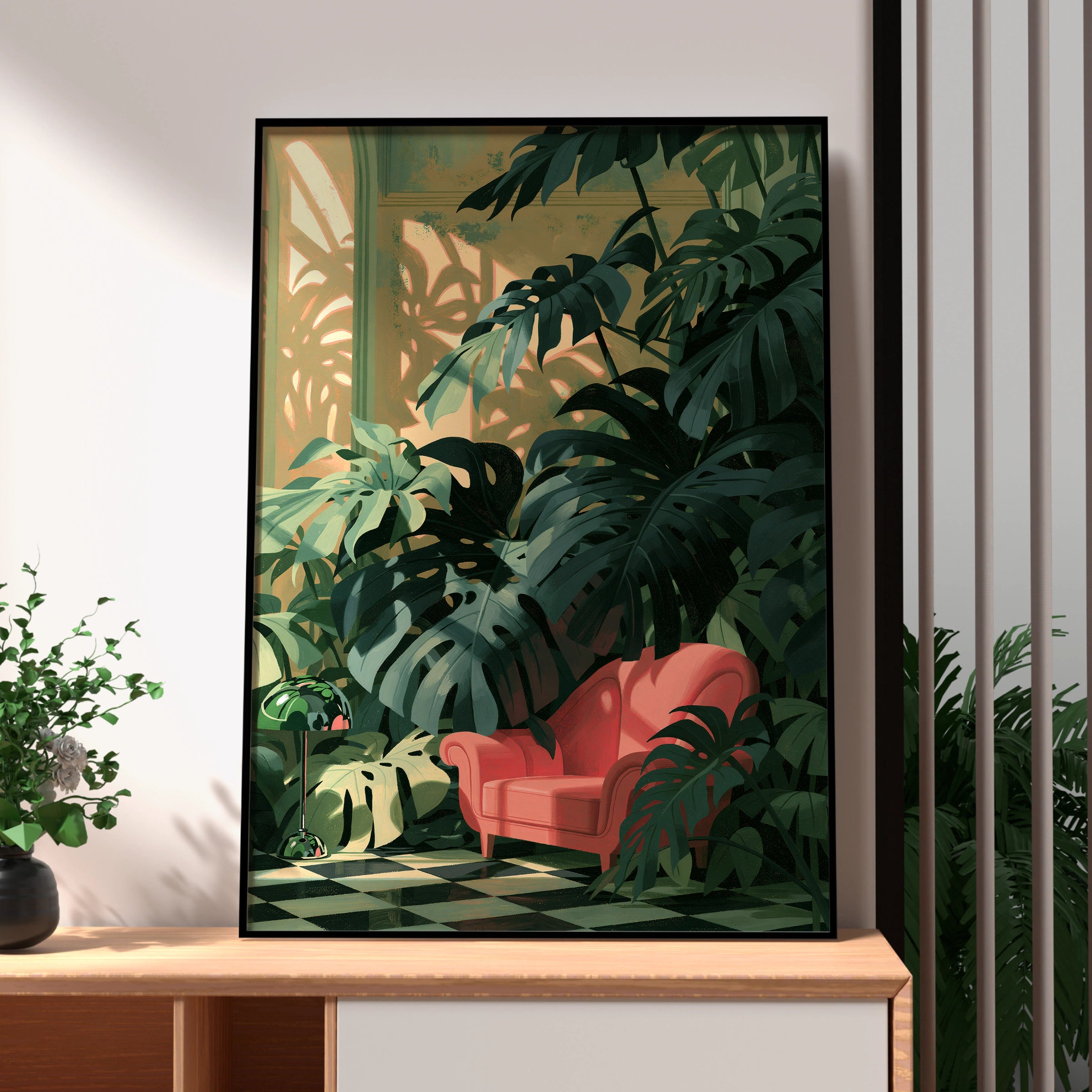 Tropical Plant Scene, Monstera Leaves Art, Pink Armchair Print, Home Decor, Botanical Illustration