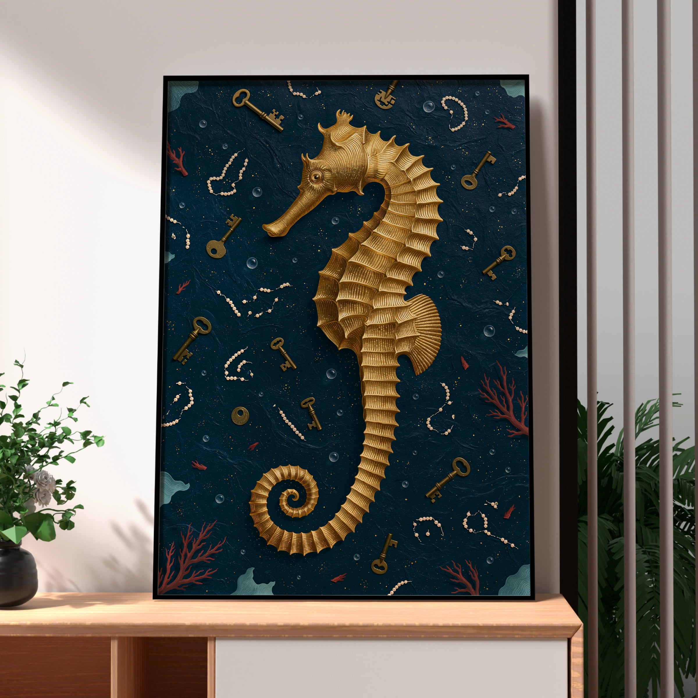 Seahorse Art Print, Nautical Wall Decor, Golden Seahorse, Ocean-Themed Art
