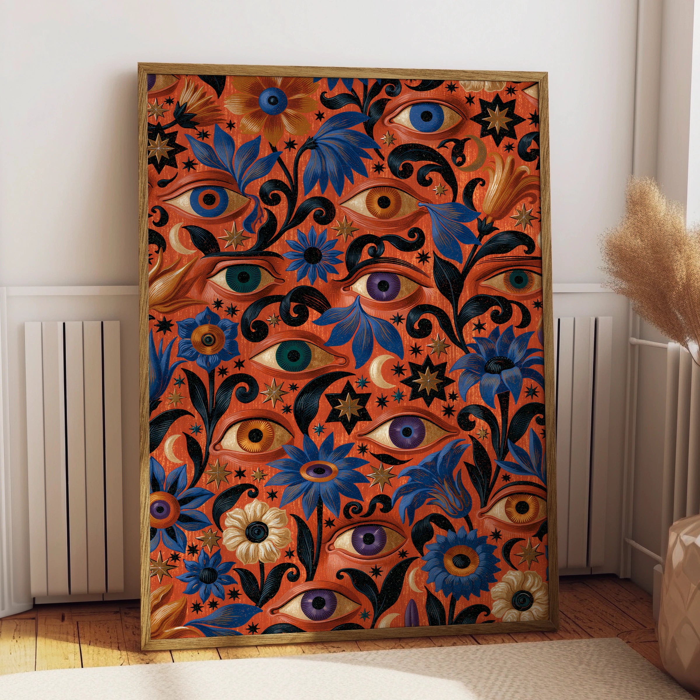 Eye Motif Art Print, Floral Wall Art, Colourful Home Decor, Bohemian Style Poster