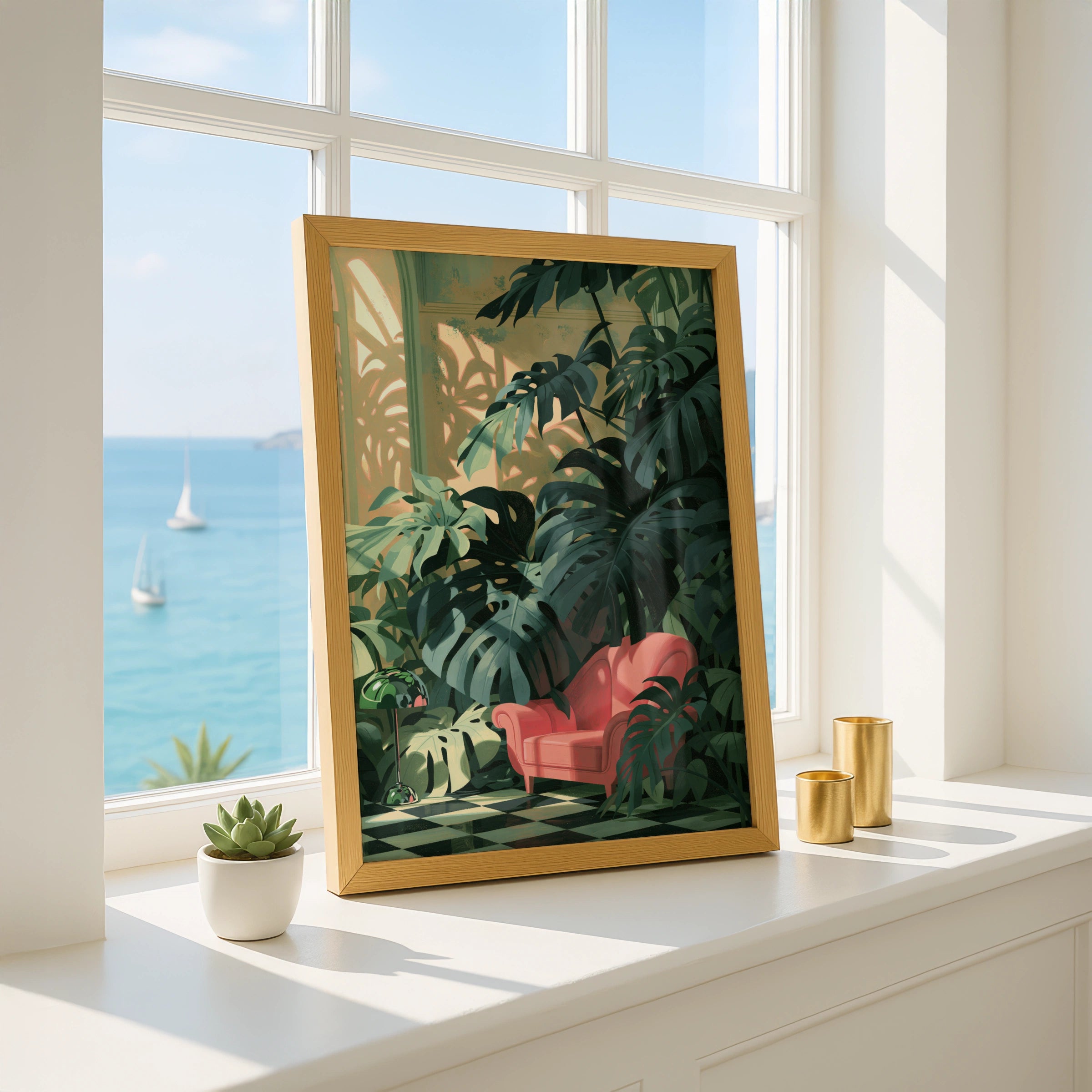 Tropical Plant Scene, Monstera Leaves Art, Pink Armchair Print, Home Decor, Botanical Illustration