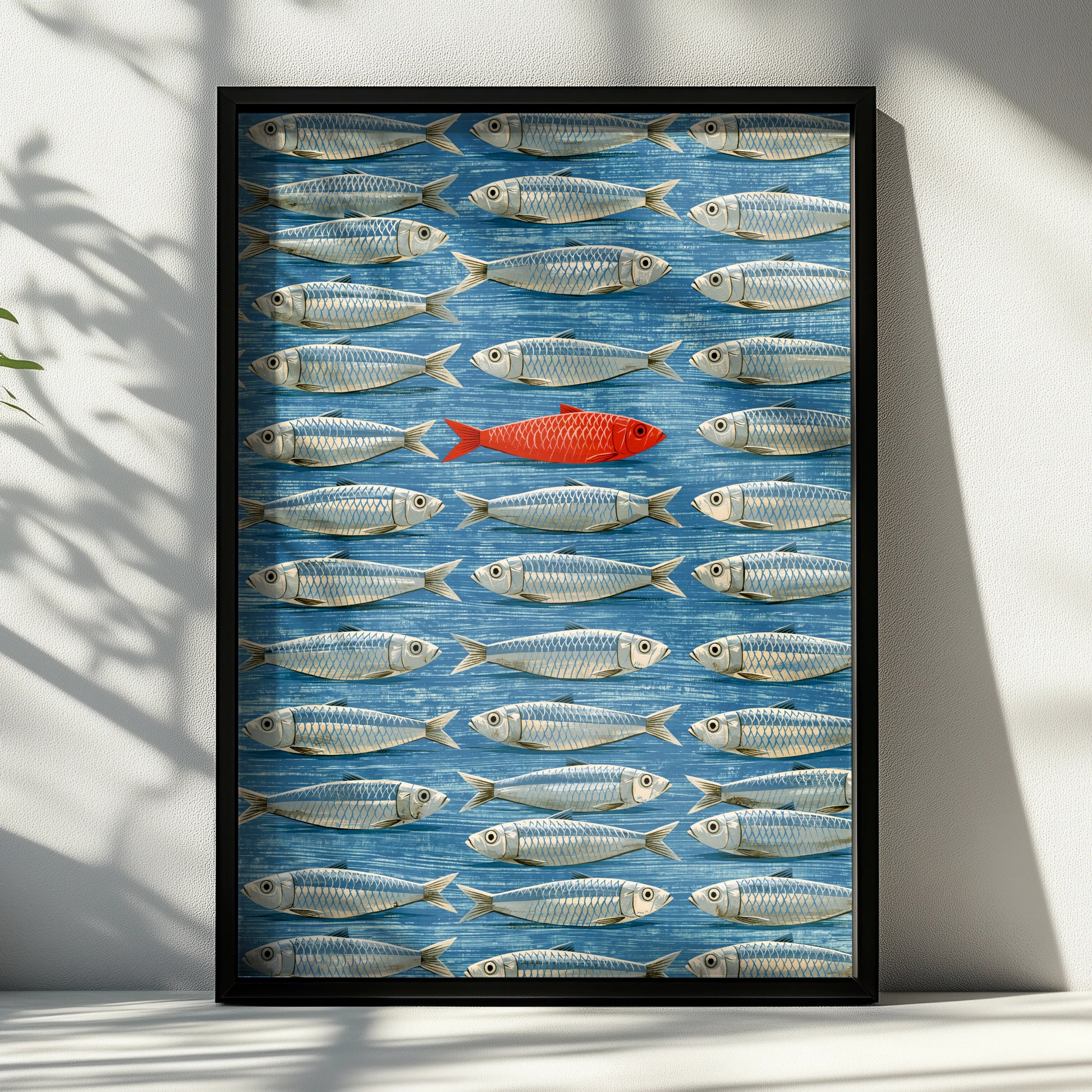 Unique Red Fish Amongst Blue School, Digital Art Print, Nautical Wall Decor