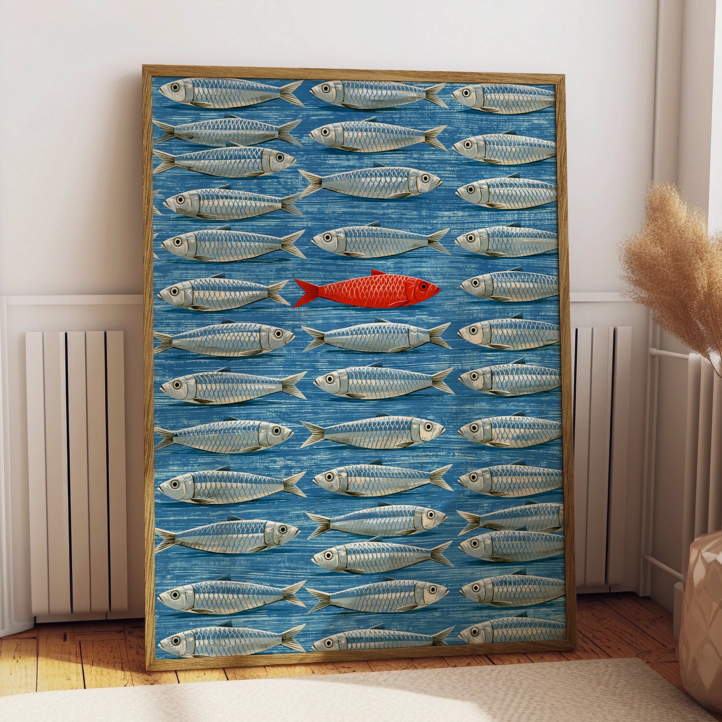 Unique Red Fish Amongst Blue School, Digital Art Print, Nautical Wall Decor
