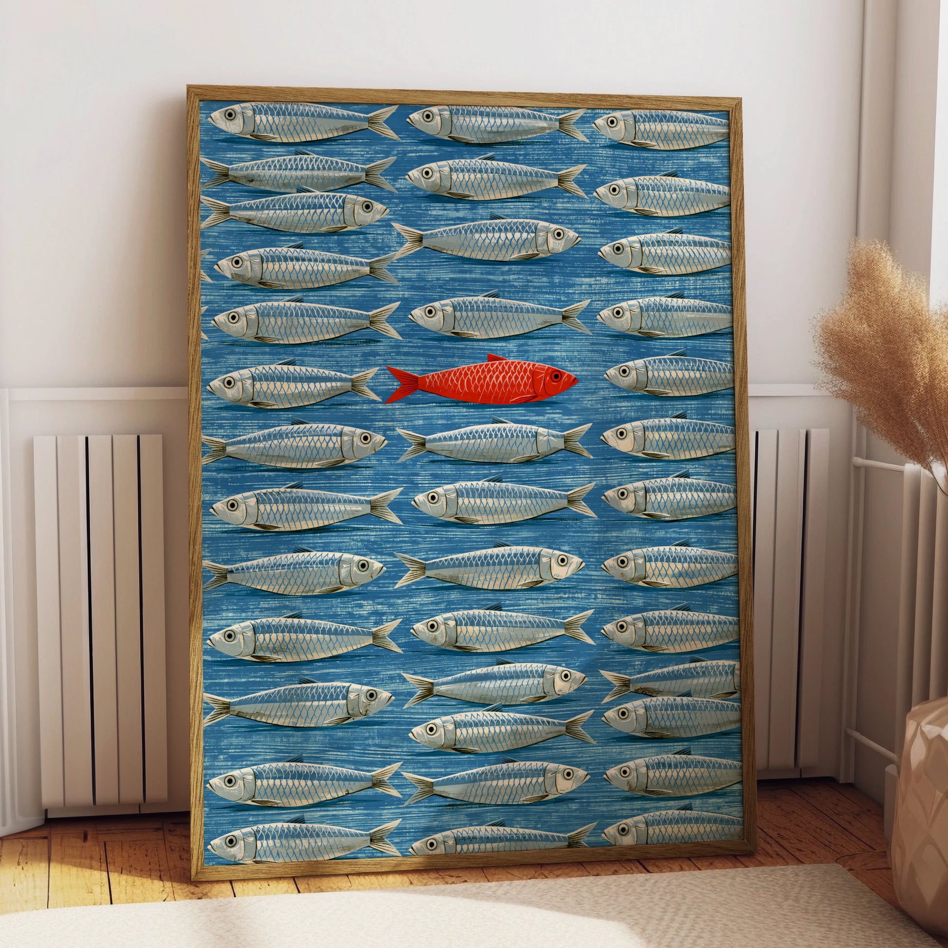 Unique Red Fish Amongst Blue School, Digital Art Print, Nautical Wall Decor
