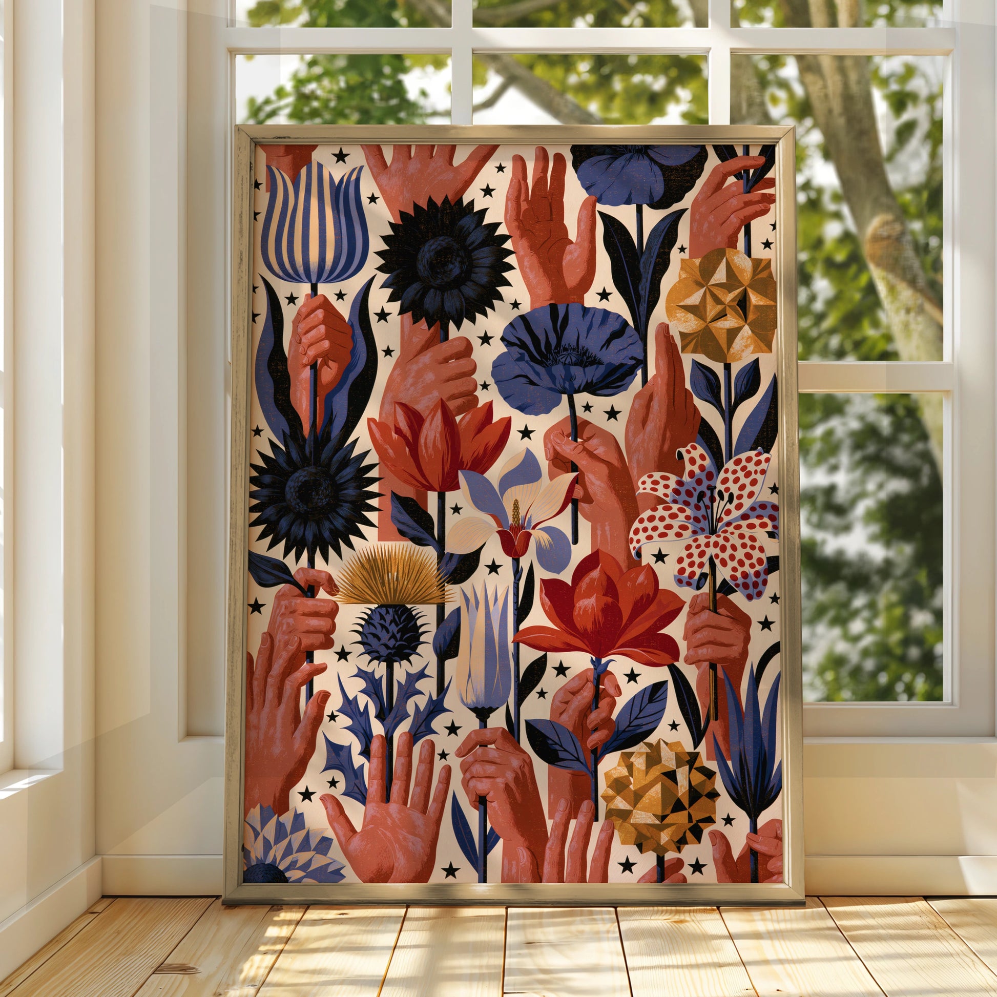 Hand-Illustrated Floral Wall Art, Colourful Flowers and Hands, Bohemian Style Printable Poster