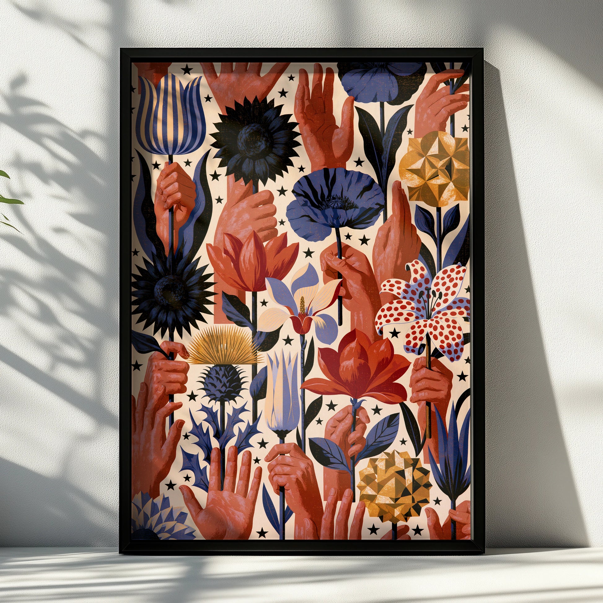 Hand-Illustrated Floral Wall Art, Colourful Flowers and Hands, Bohemian Style Printable Poster