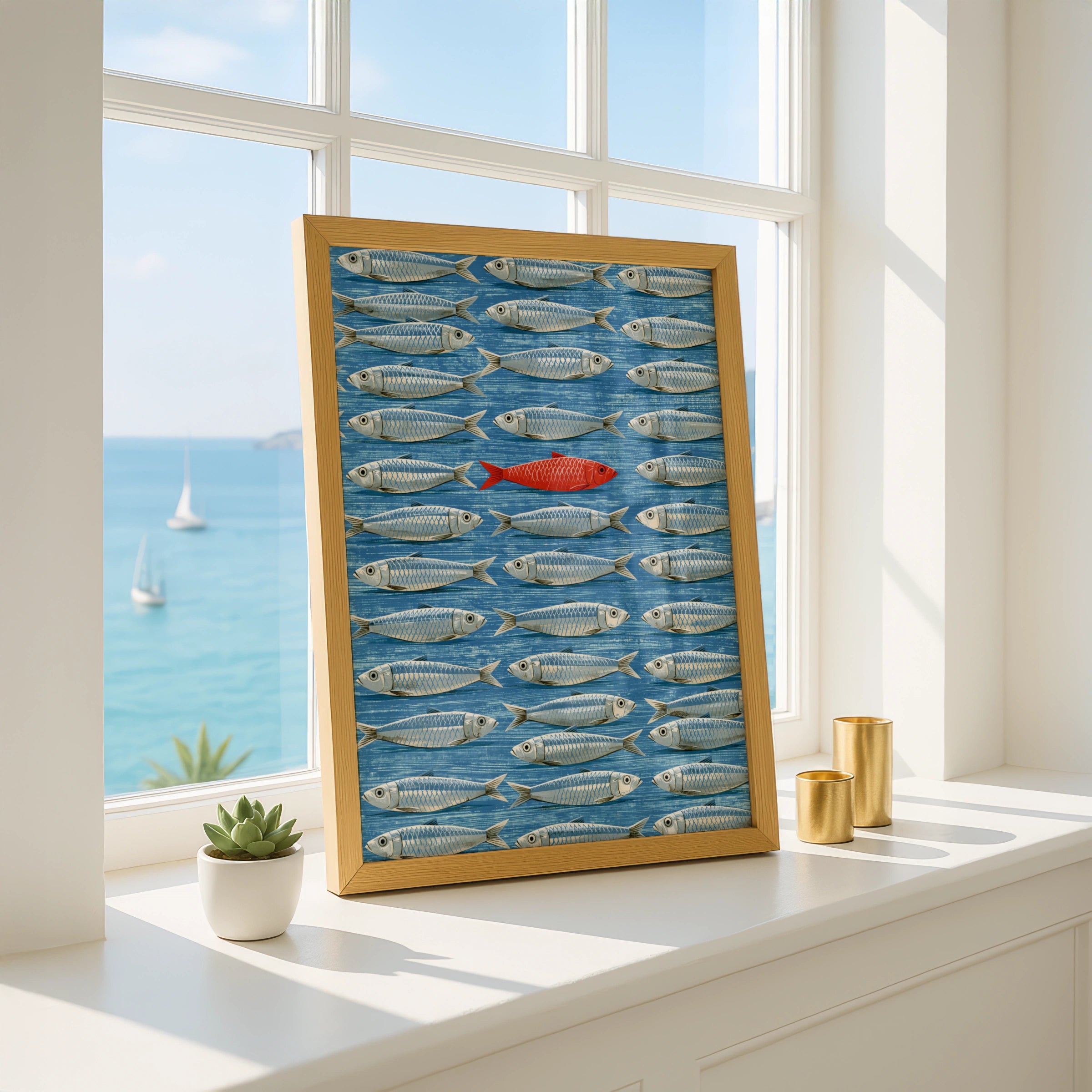 Unique Red Fish Amongst Blue School, Digital Art Print, Nautical Wall Decor