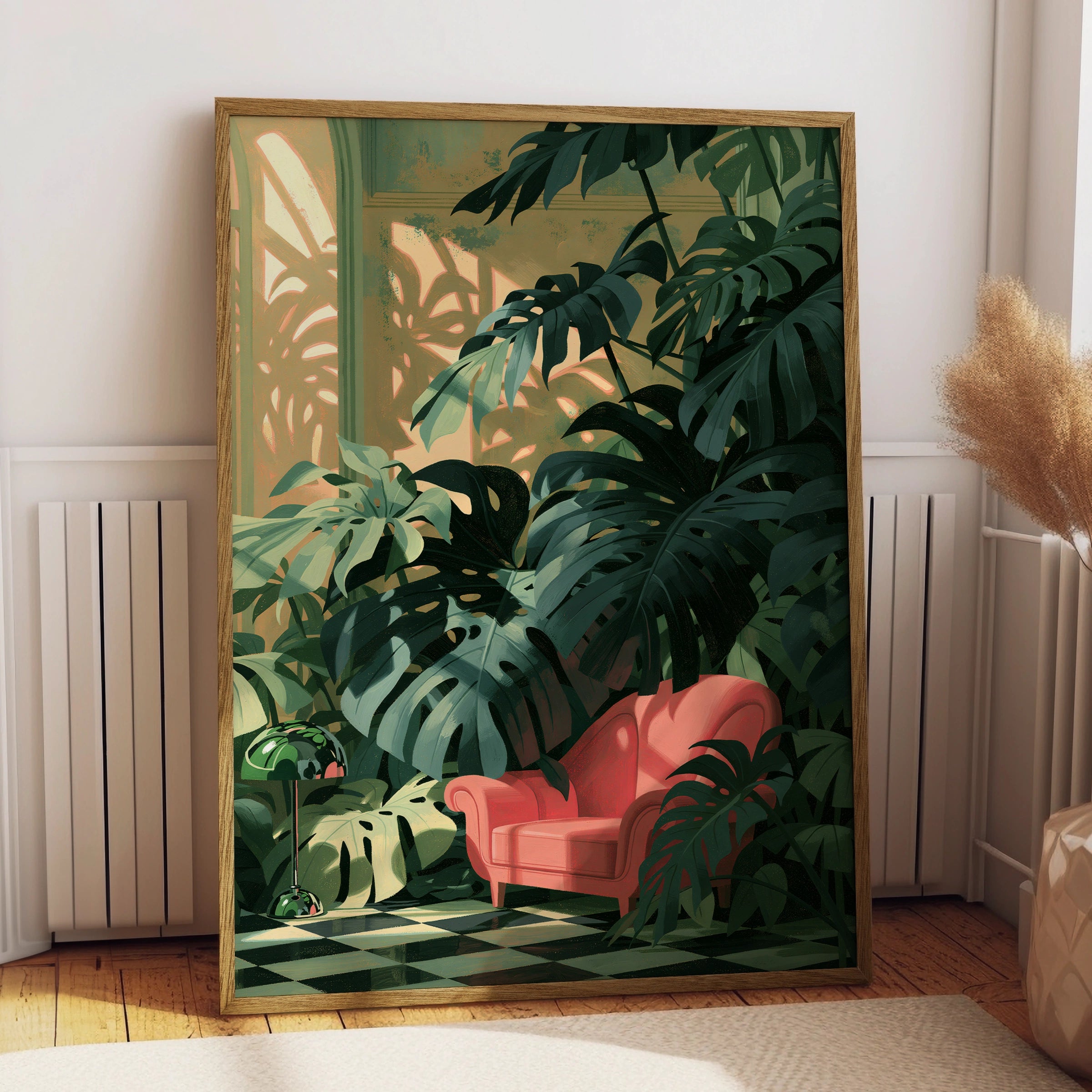 Tropical Plant Scene, Monstera Leaves Art, Pink Armchair Print, Home Decor, Botanical Illustration