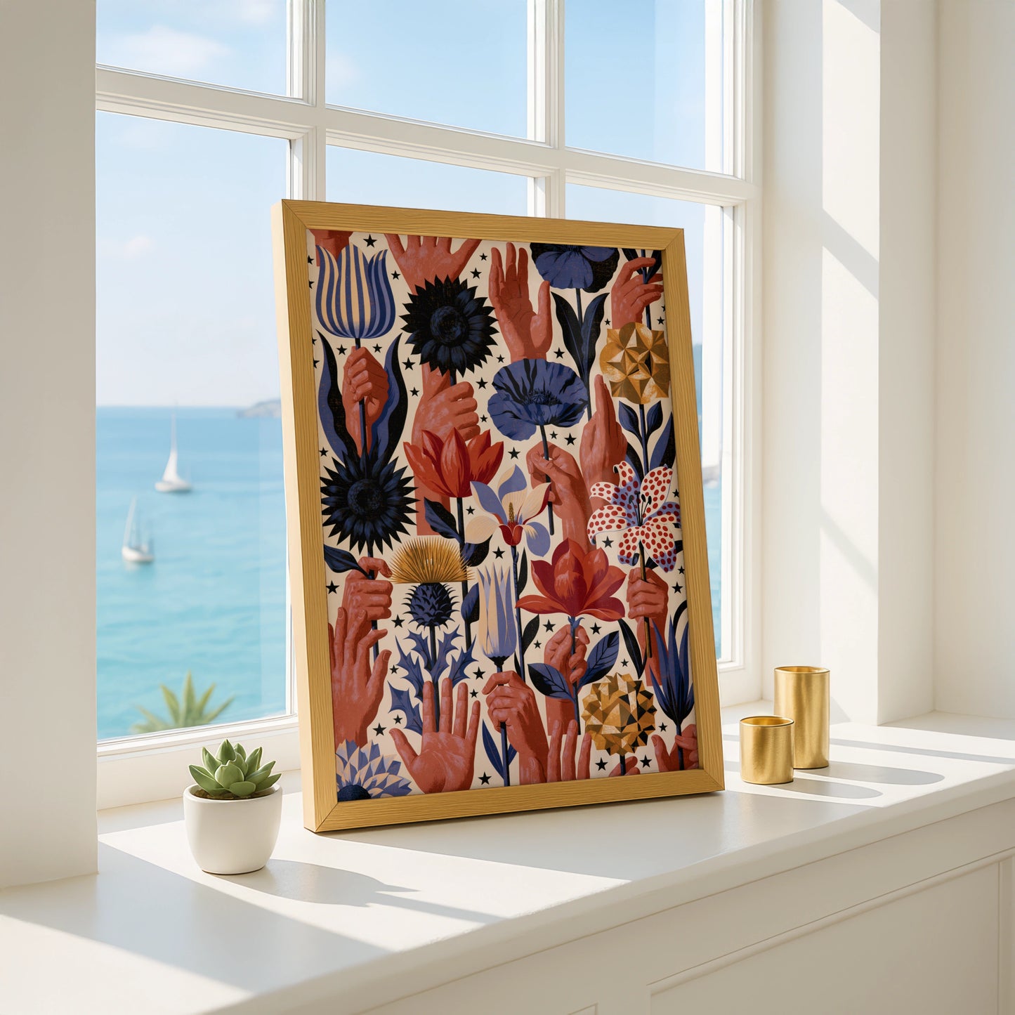 Hand-Illustrated Floral Wall Art, Colourful Flowers and Hands, Bohemian Style Printable Poster