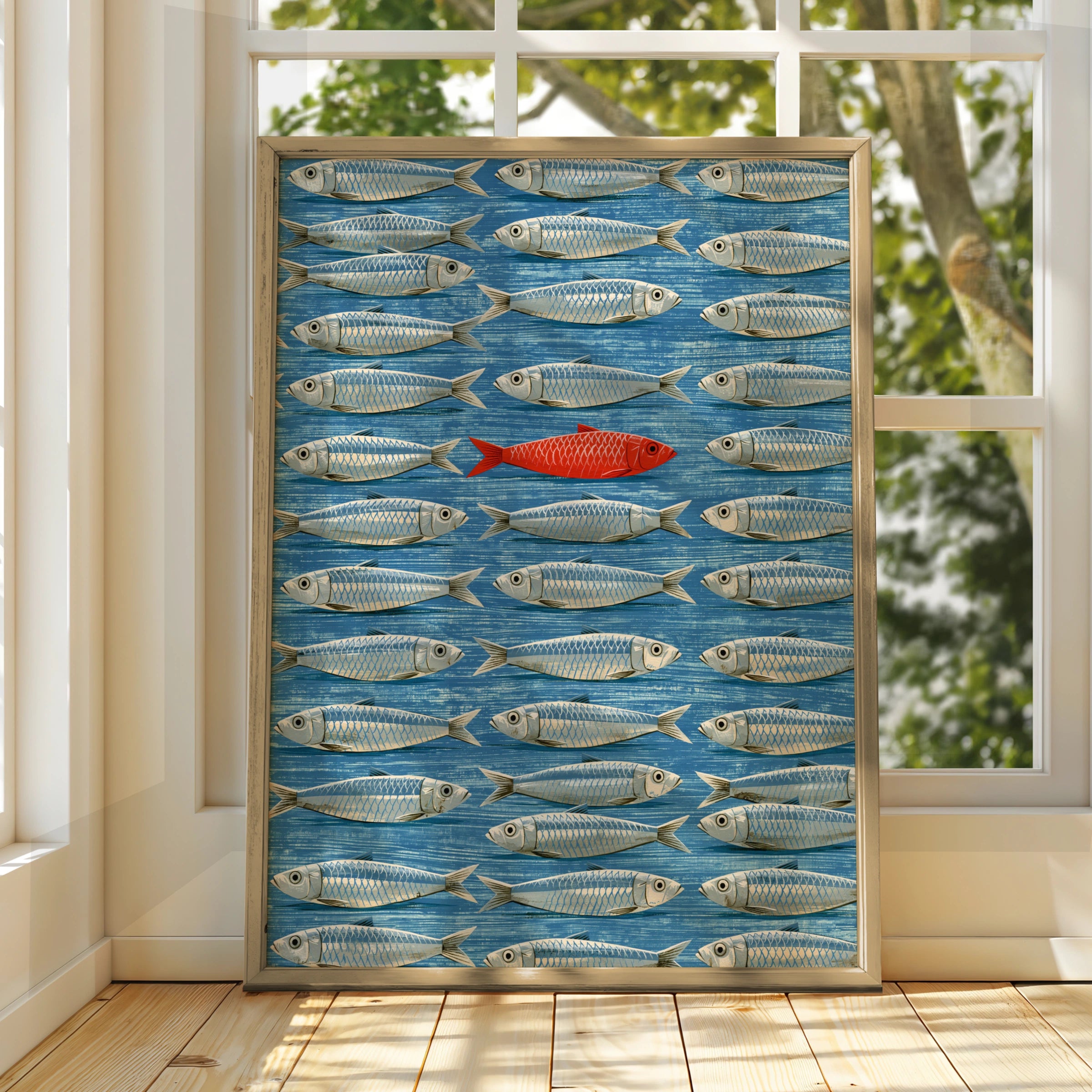 Unique Red Fish Amongst Blue School, Digital Art Print, Nautical Wall Decor
