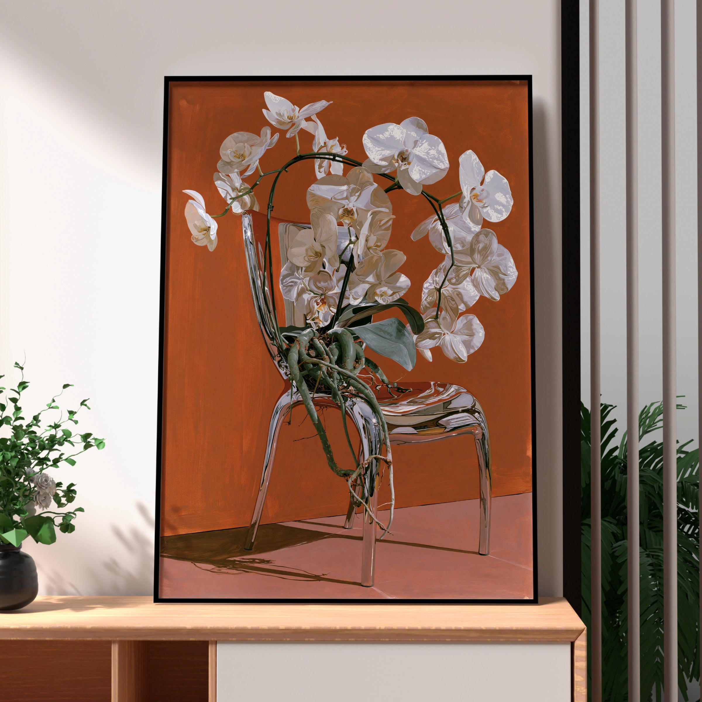 Orchid on Chair Artwork, Floral Print, Modern Decor, Elegant Wall Art, Minimalist Home Decoration