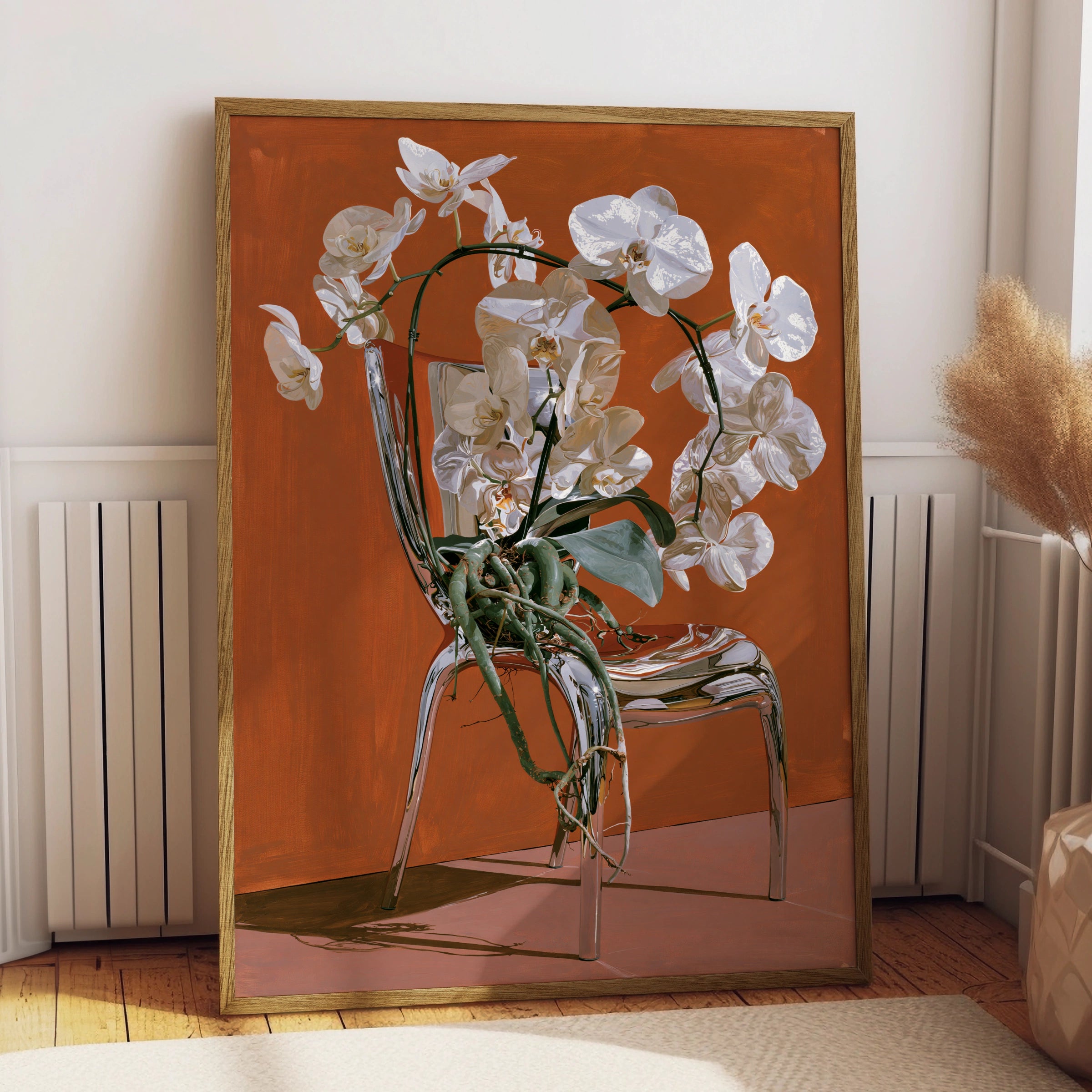 Orchid on Chair Artwork, Floral Print, Modern Decor, Elegant Wall Art, Minimalist Home Decoration