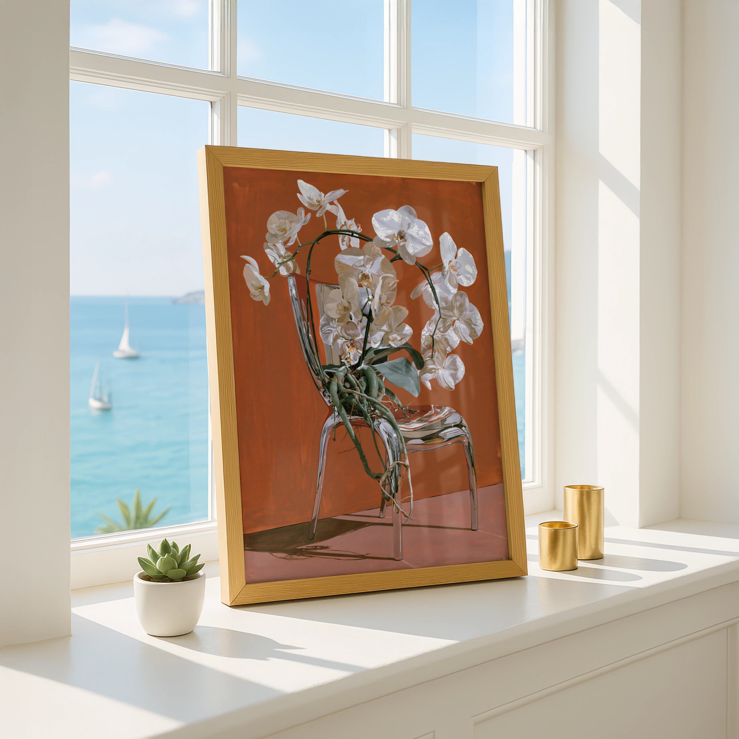 Orchid on Chair Artwork, Floral Print, Modern Decor, Elegant Wall Art, Minimalist Home Decoration