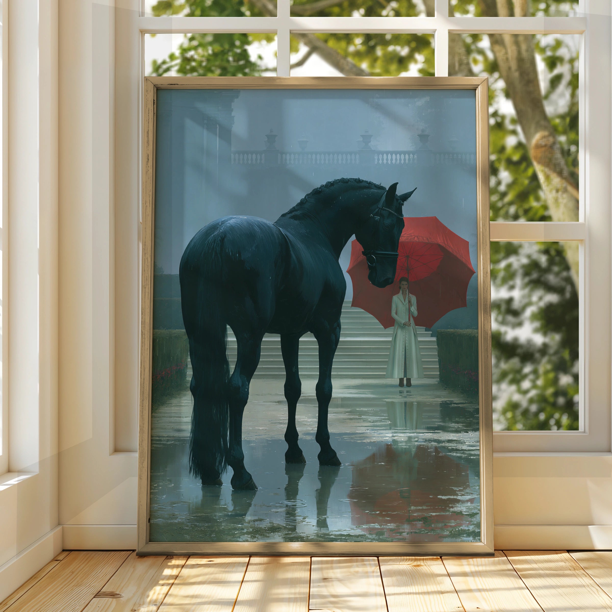 Horse and Woman Under Red Umbrella, Printable Art, Elegant Rainy Scene, Stunning Home Decor
