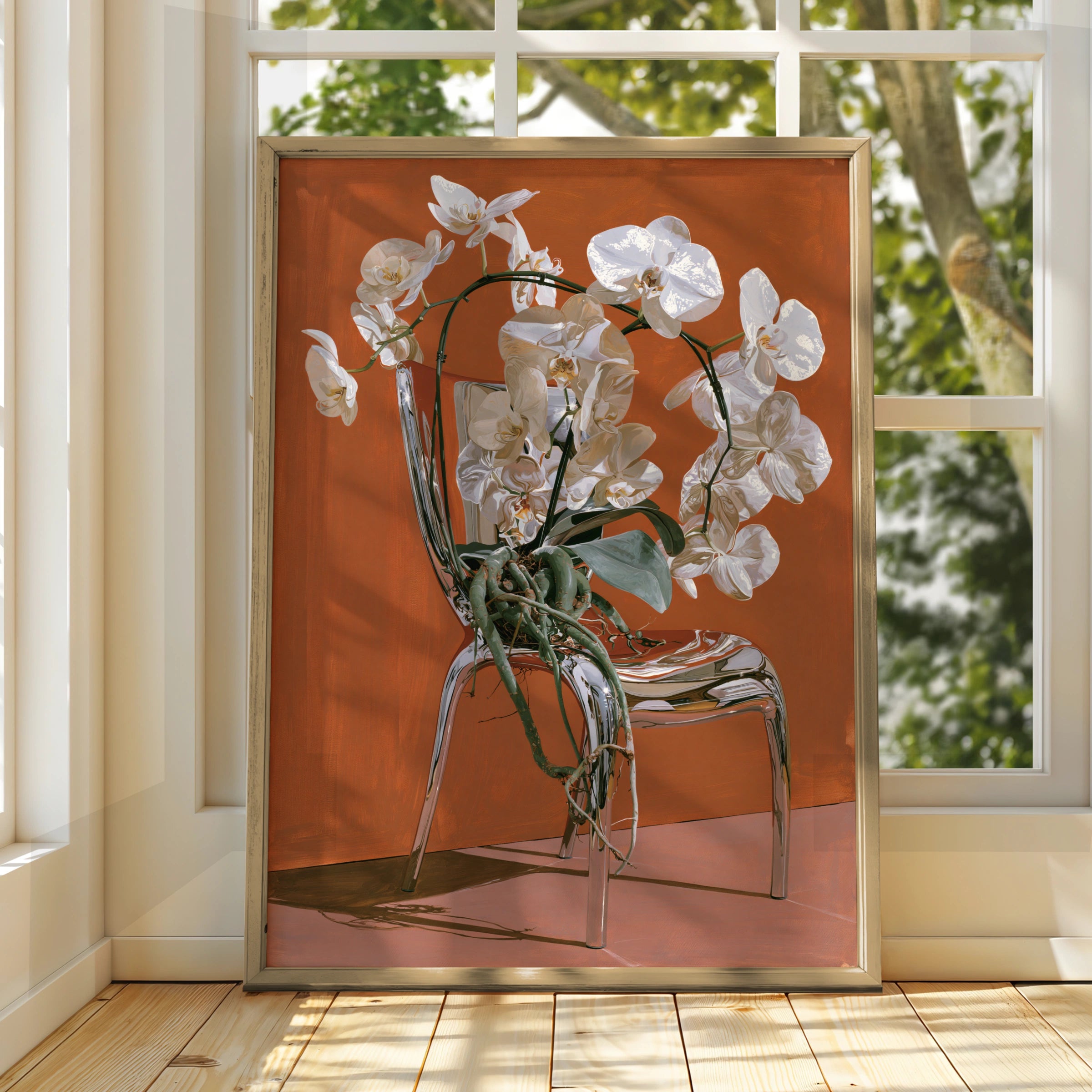 Orchid on Chair Artwork, Floral Print, Modern Decor, Elegant Wall Art, Minimalist Home Decoration