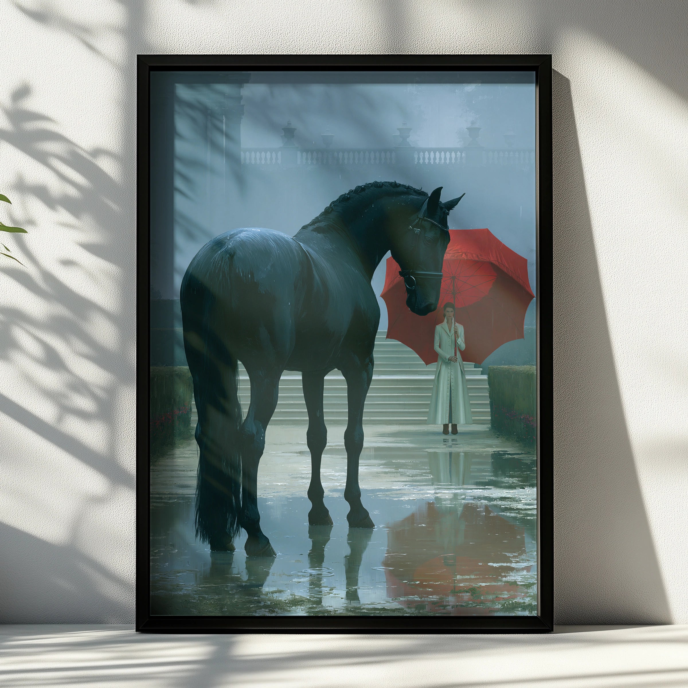 Horse and Woman Under Red Umbrella, Printable Art, Elegant Rainy Scene, Stunning Home Decor