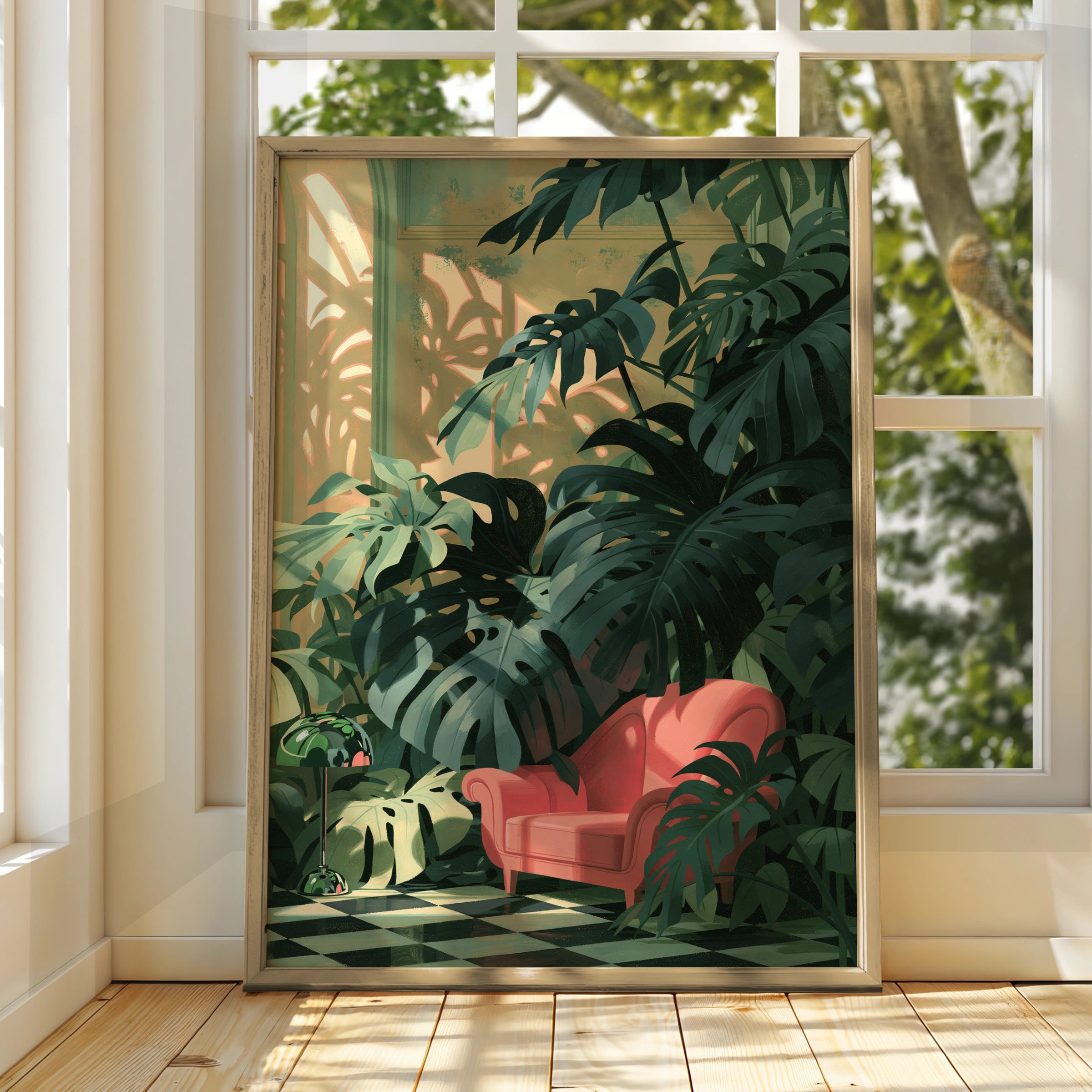 Tropical Plant Scene, Monstera Leaves Art, Pink Armchair Print, Home Decor, Botanical Illustration