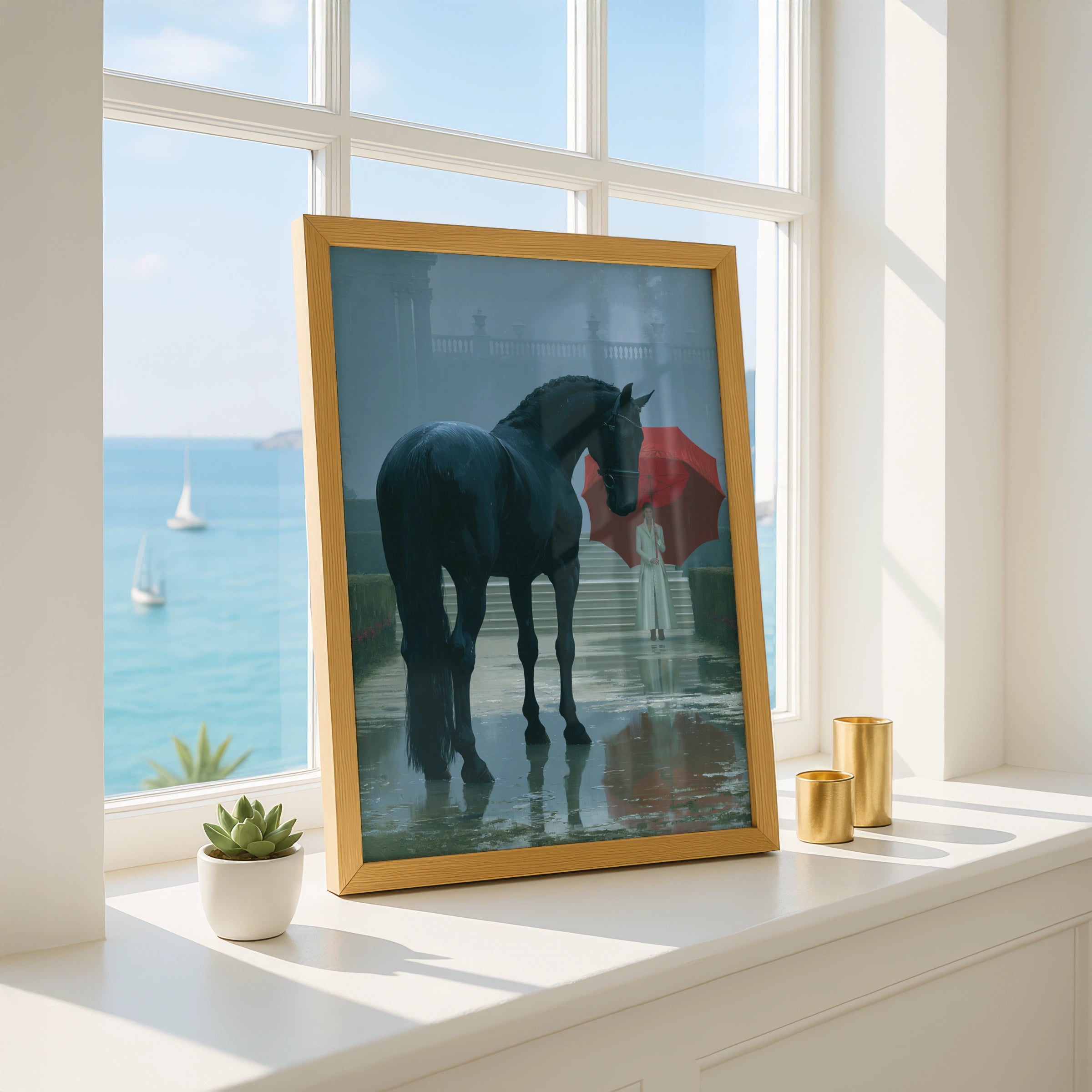 Horse and Woman Under Red Umbrella, Printable Art, Elegant Rainy Scene, Stunning Home Decor