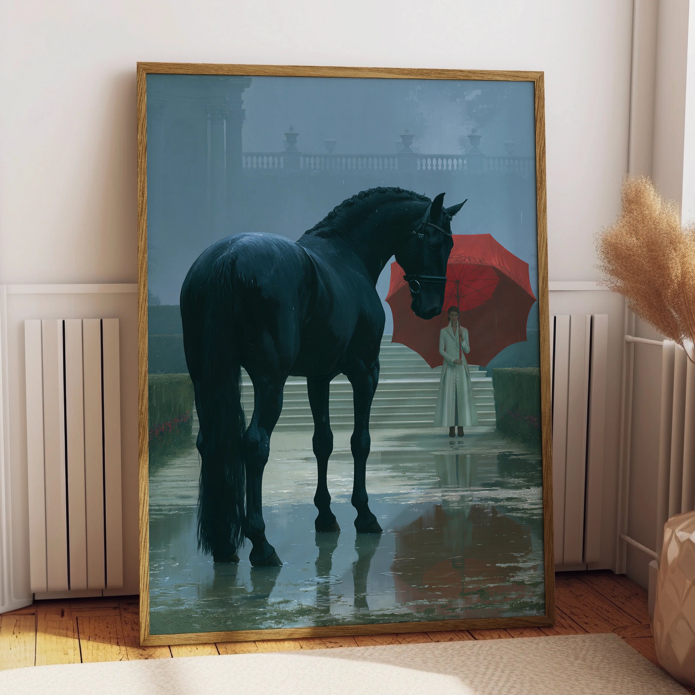 Horse and Woman Under Red Umbrella, Printable Art, Elegant Rainy Scene, Stunning Home Decor
