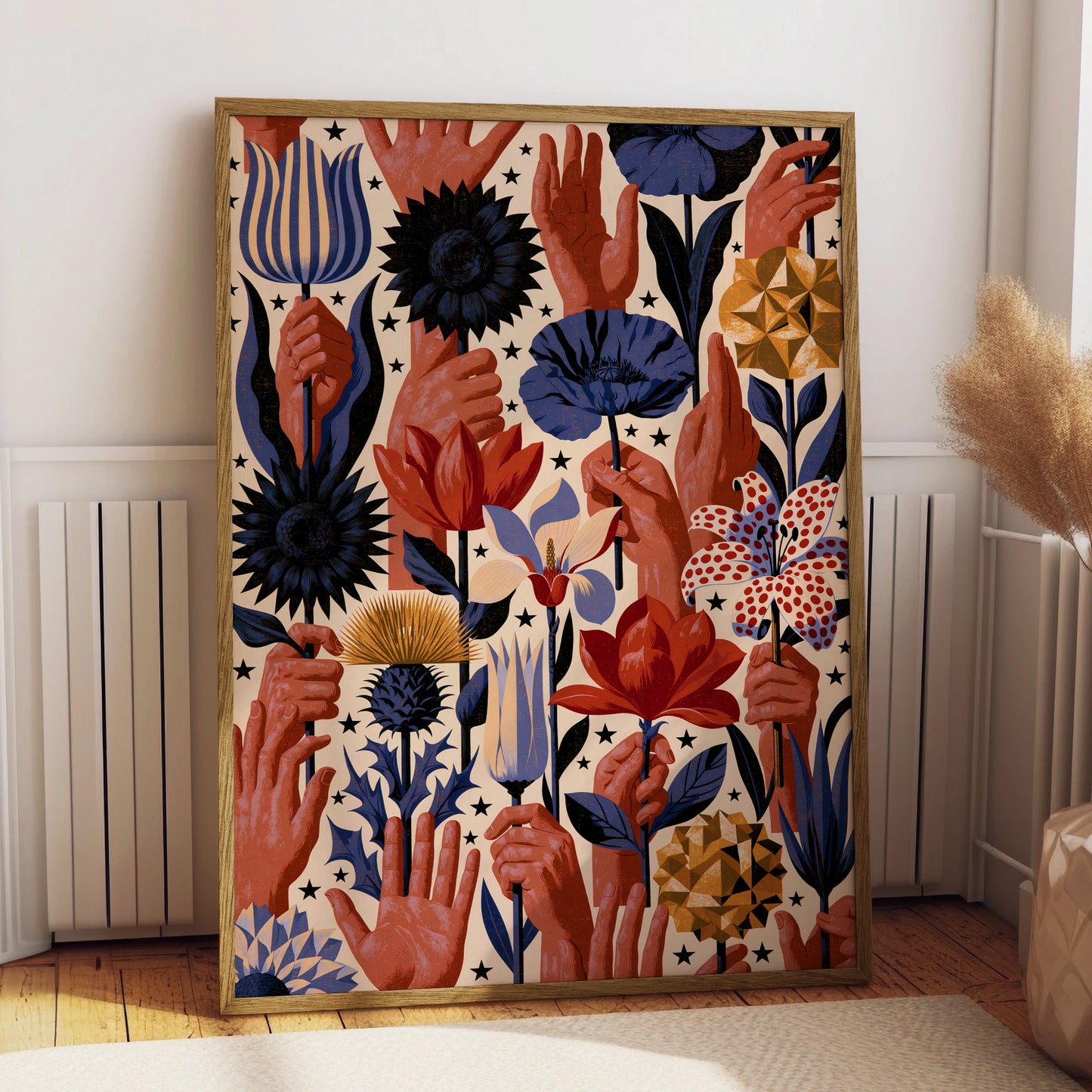 Hand-Illustrated Floral Wall Art, Colourful Flowers and Hands, Bohemian Style Printable Poster