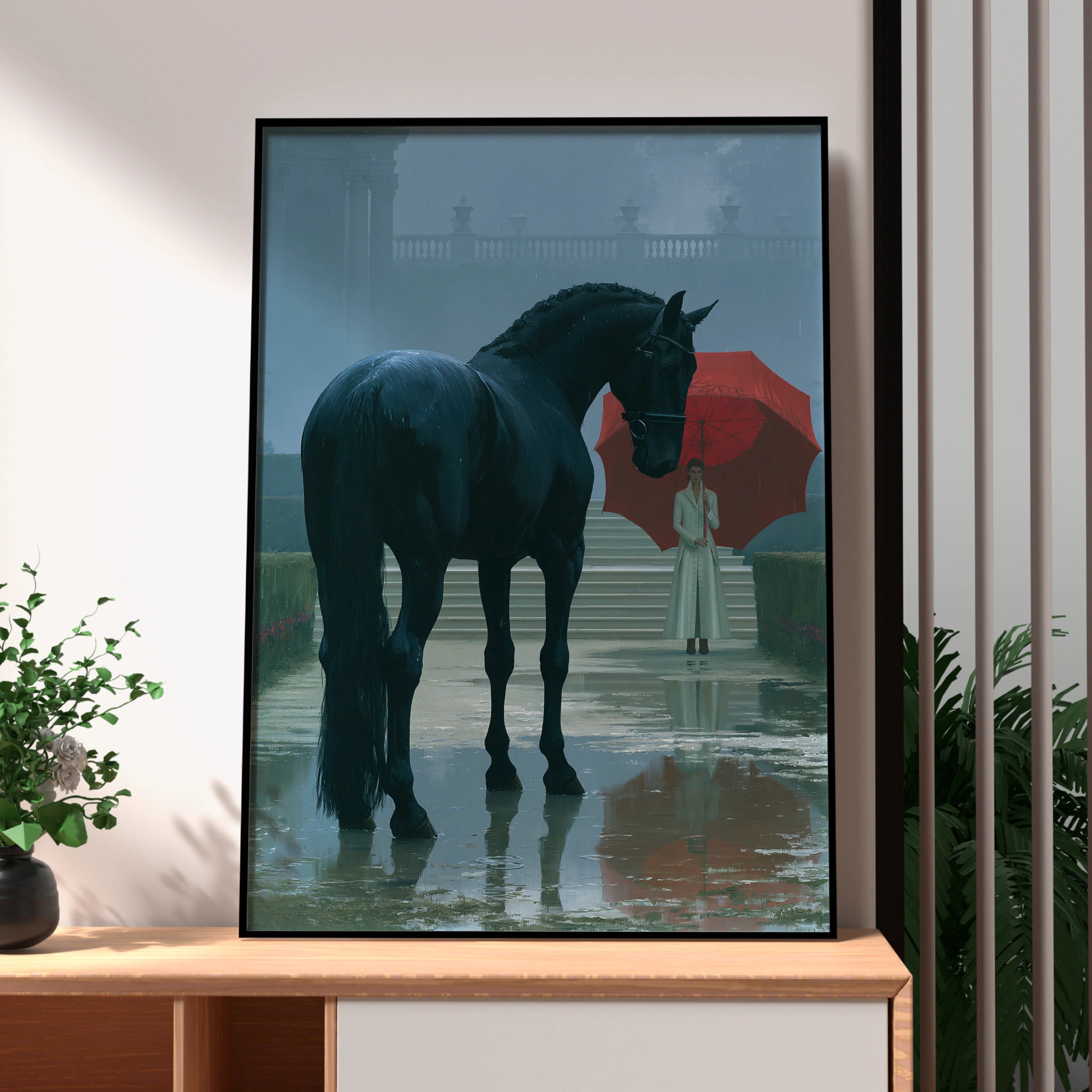 Horse and Woman Under Red Umbrella, Printable Art, Elegant Rainy Scene, Stunning Home Decor