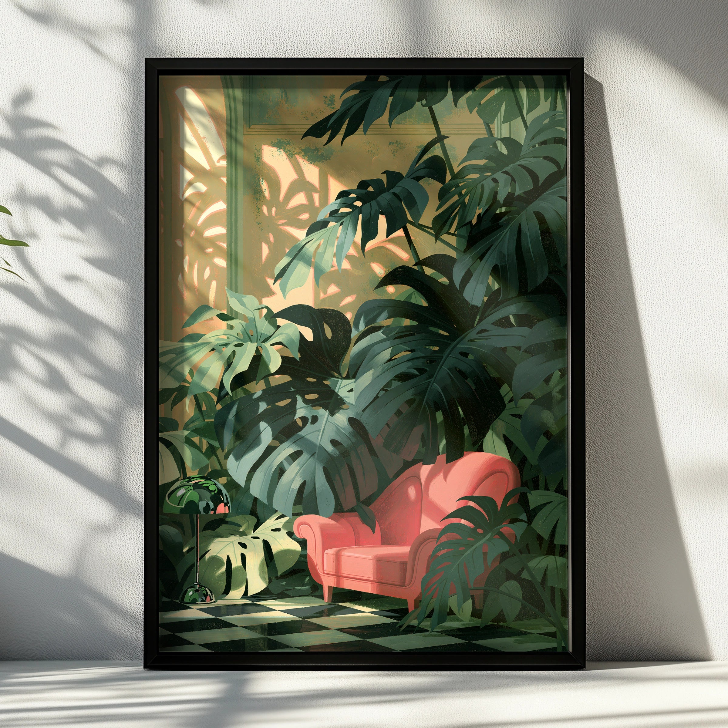 Tropical Plant Scene, Monstera Leaves Art, Pink Armchair Print, Home Decor, Botanical Illustration