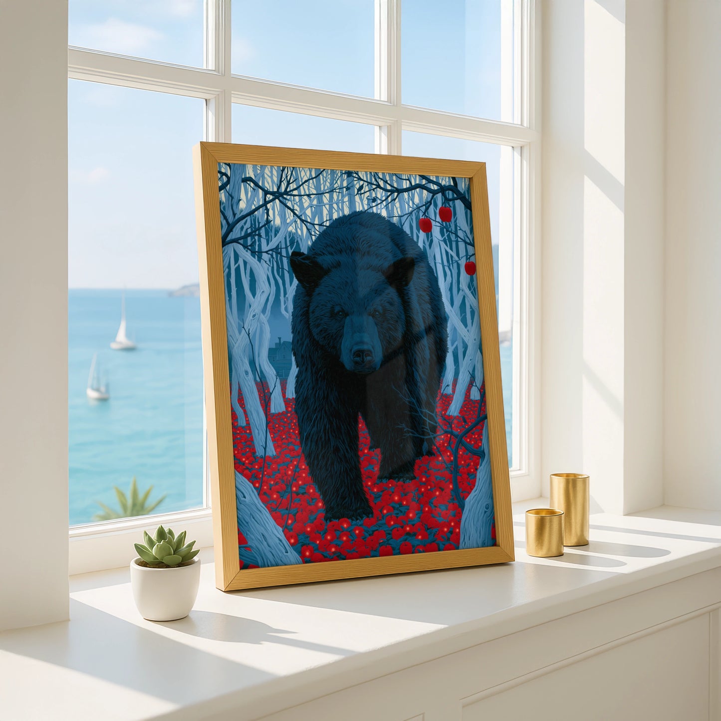 Bear in Apple Orchard, Art Print, Blue and Red, Wildlife Decor, Nature Wall Art