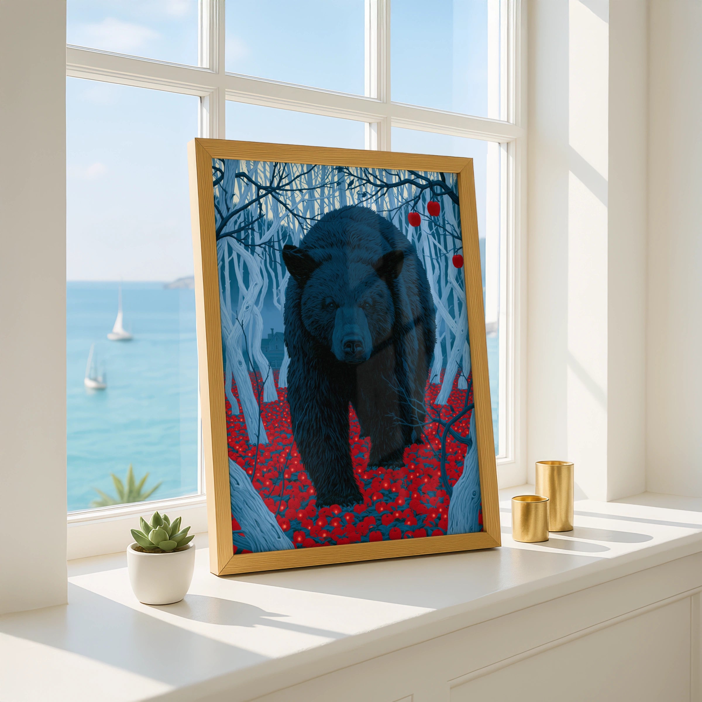 Bear in Apple Orchard, Art Print, Blue and Red, Wildlife Decor, Nature Wall Art