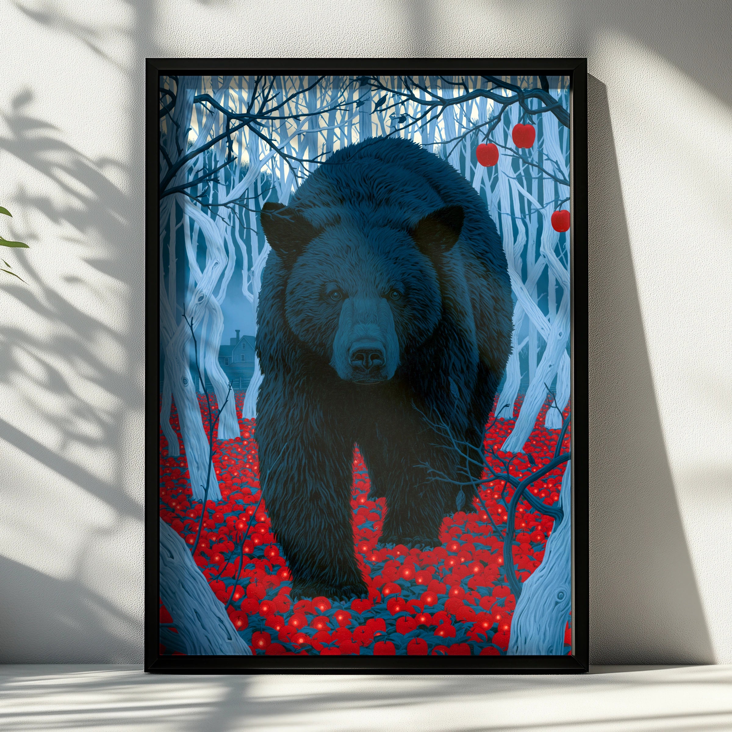 Bear in Apple Orchard, Art Print, Blue and Red, Wildlife Decor, Nature Wall Art