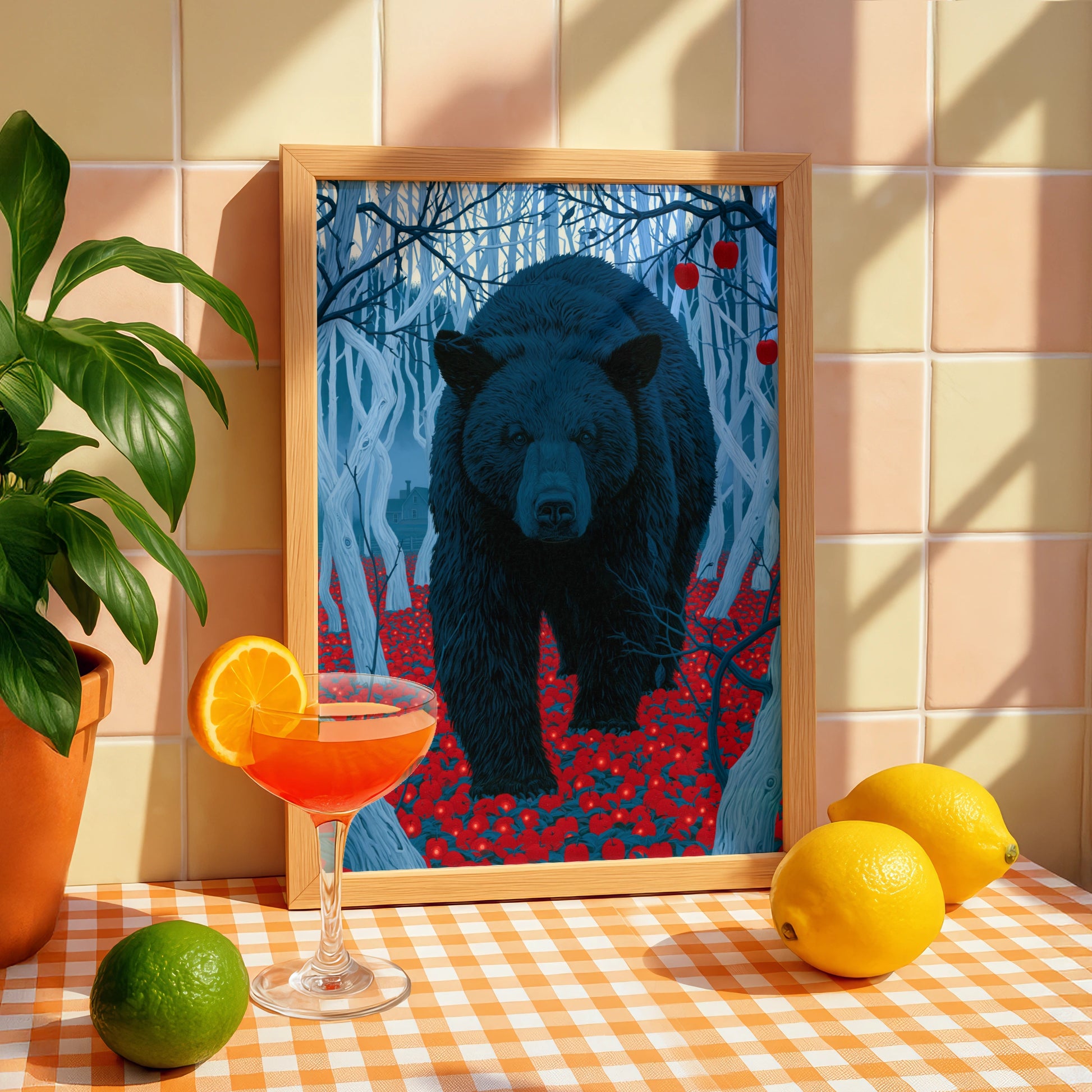 Bear in Apple Orchard, Art Print, Blue and Red, Wildlife Decor, Nature Wall Art