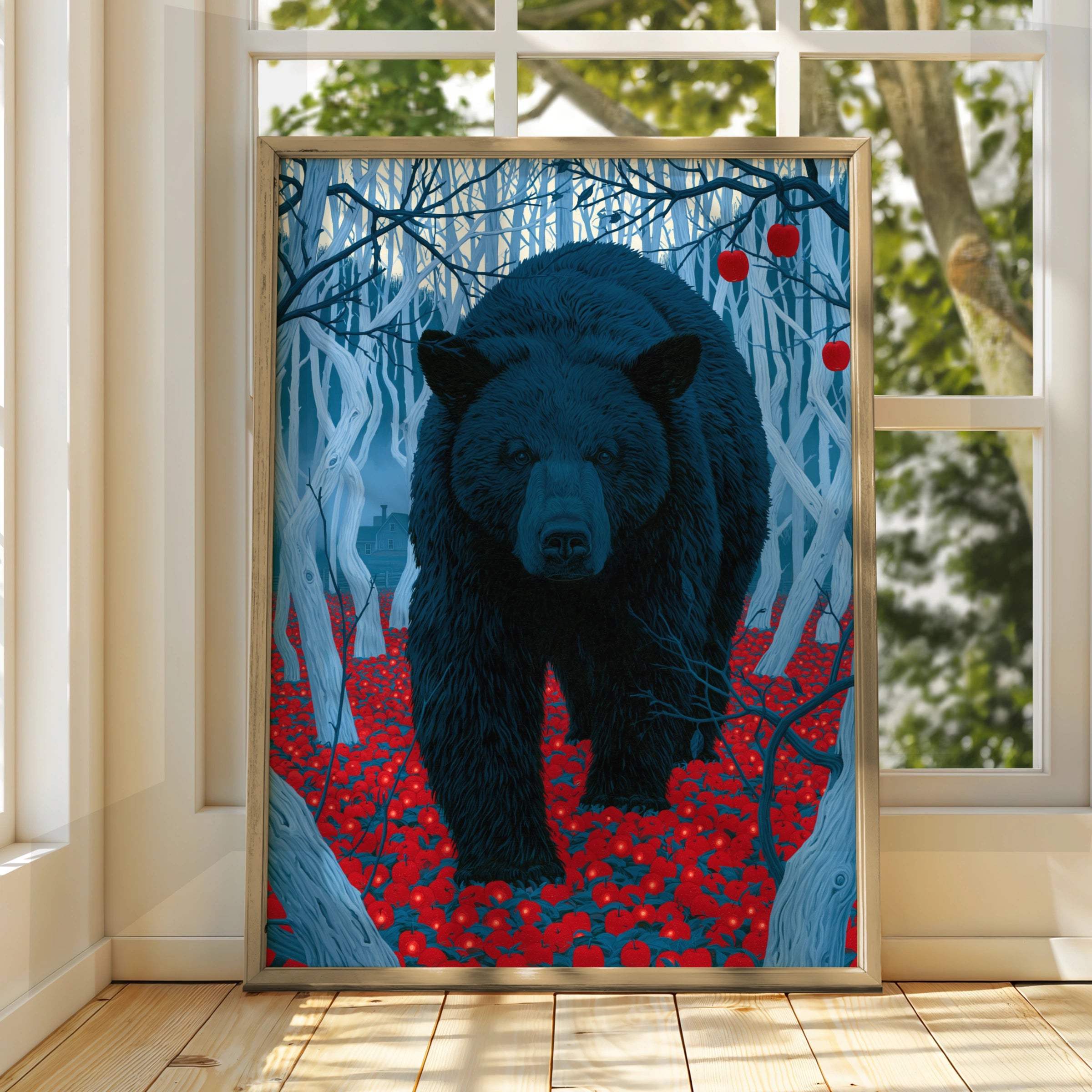 Bear in Apple Orchard, Art Print, Blue and Red, Wildlife Decor, Nature Wall Art