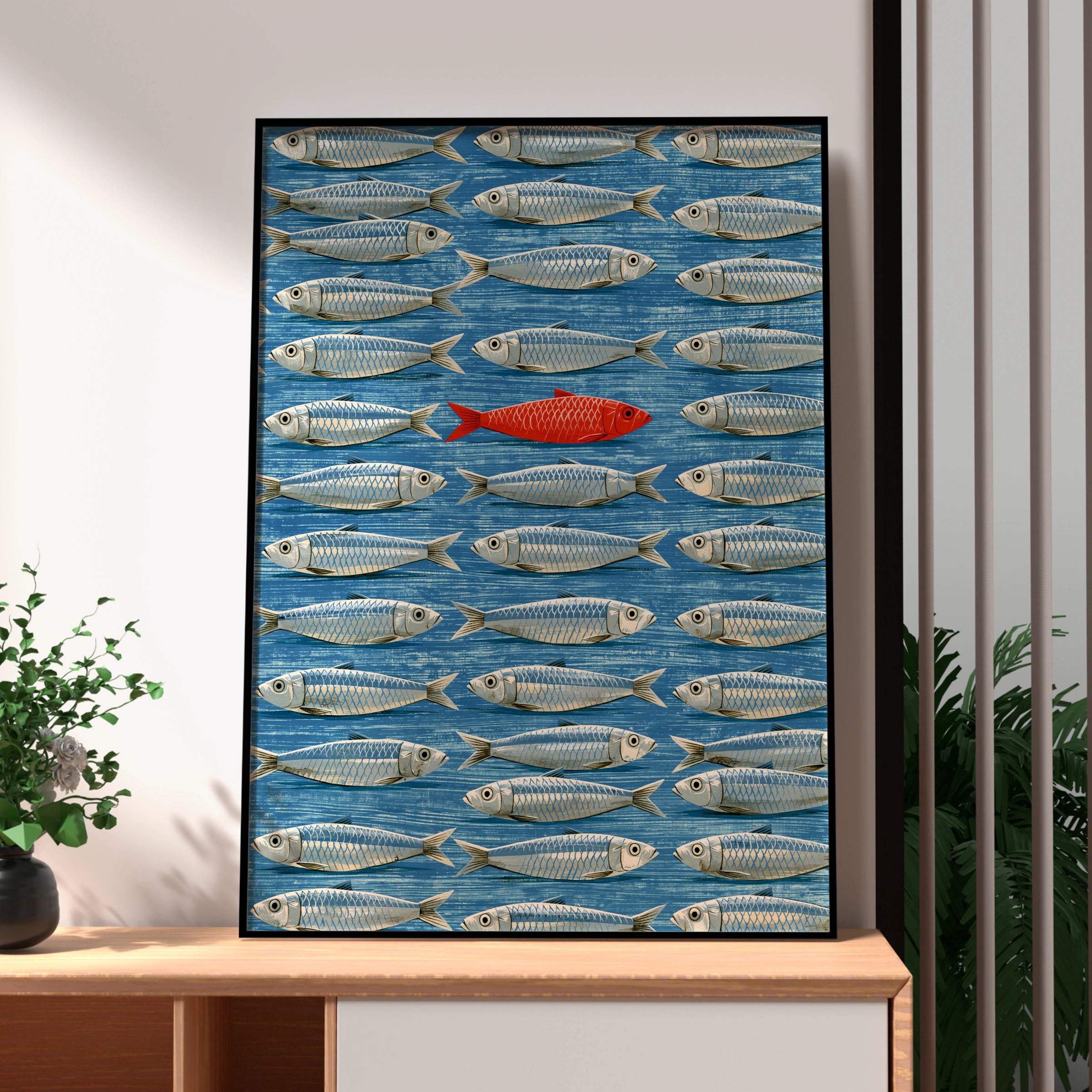 Unique Red Fish Amongst Blue School, Digital Art Print, Nautical Wall Decor