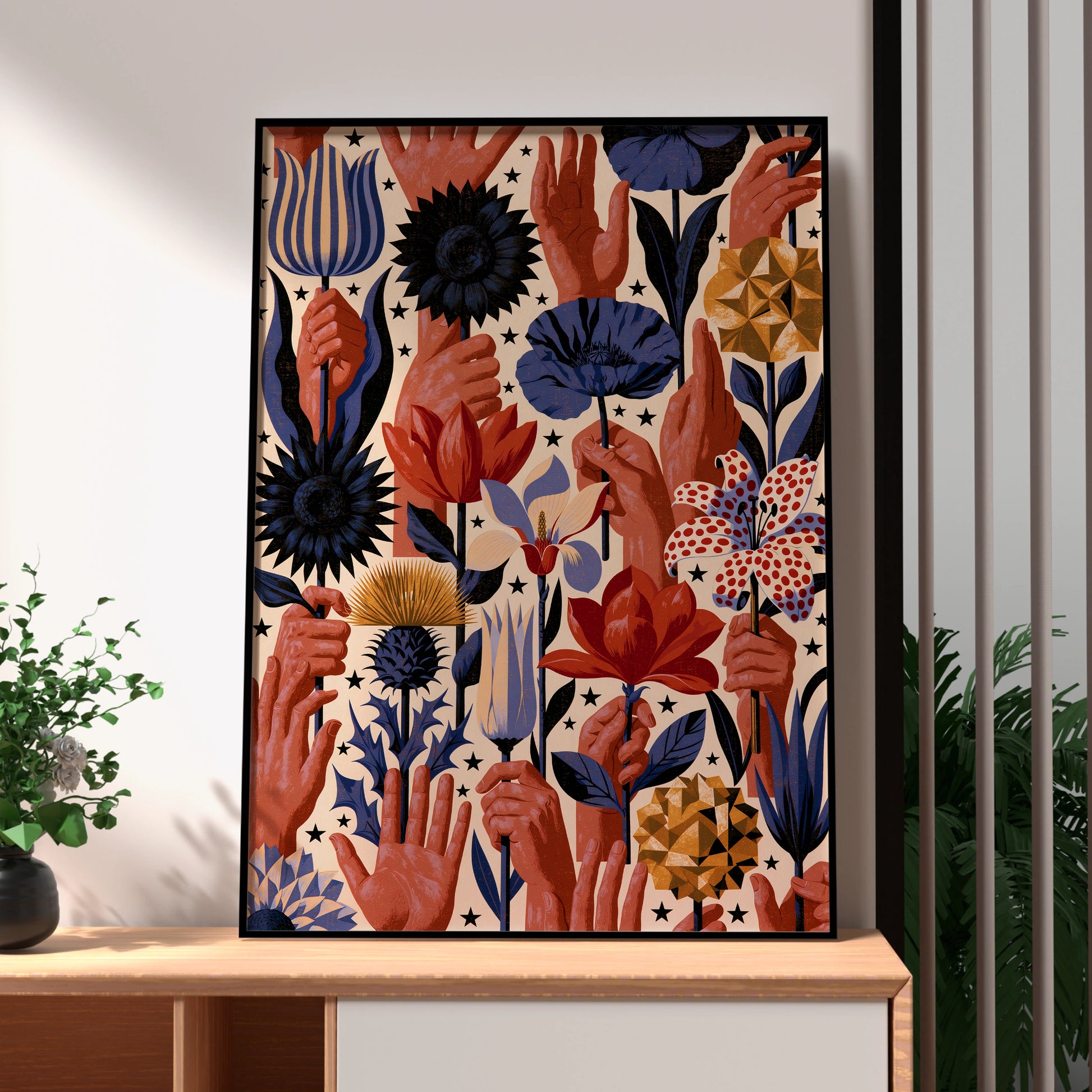 Hand-Illustrated Floral Wall Art, Colourful Flowers and Hands, Bohemian Style Printable Poster