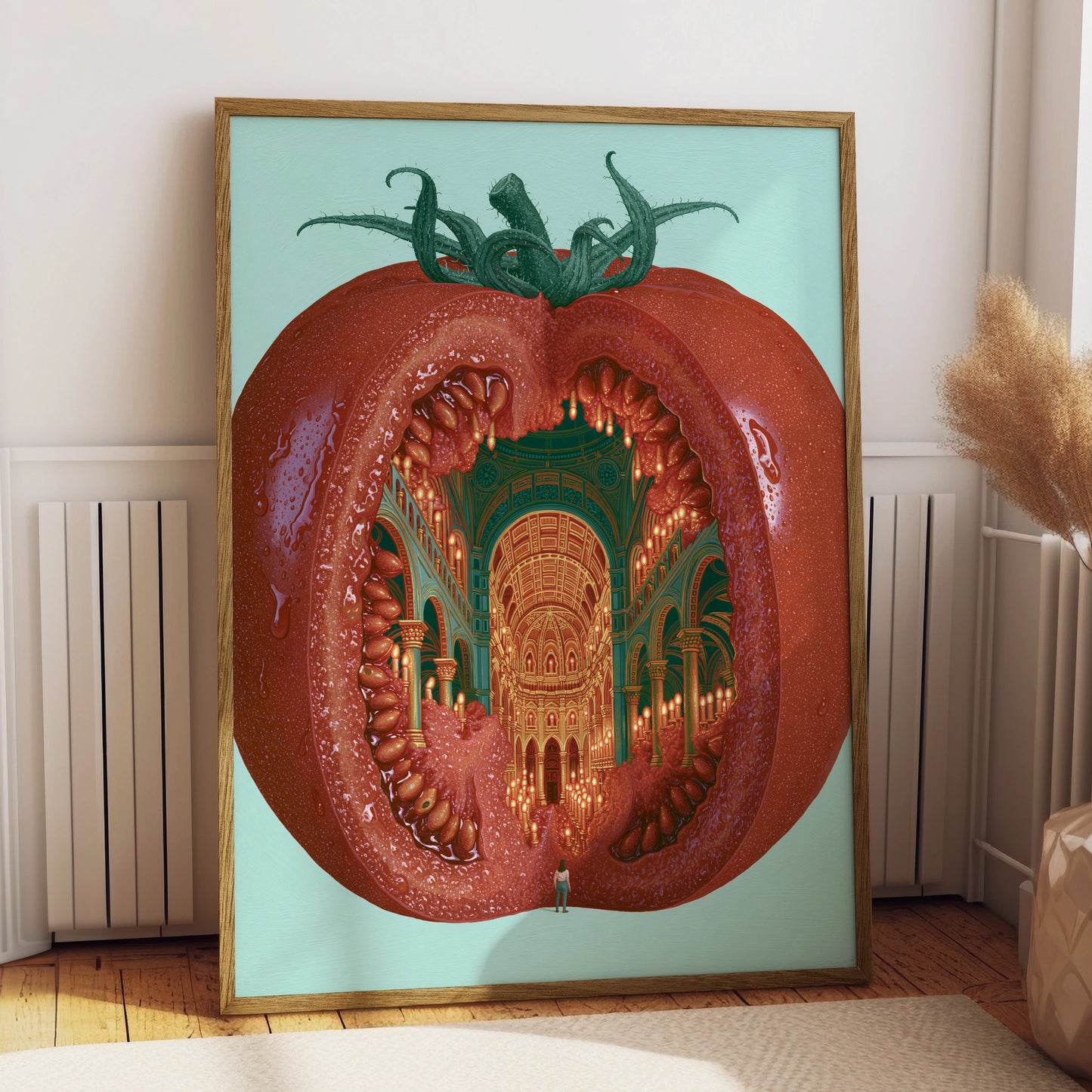 Tomato Cathedral Artwork, Whimsical Fruit Illustration, Modern Kitchen Decor, Vibrant Wall Art