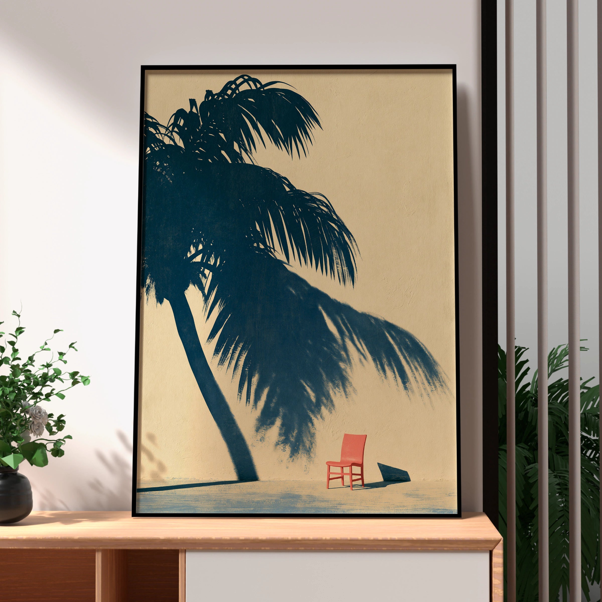 Palm Shadow Art Print, Tropical Chair Poster, Minimalist Home Decor, Modern Wall Art