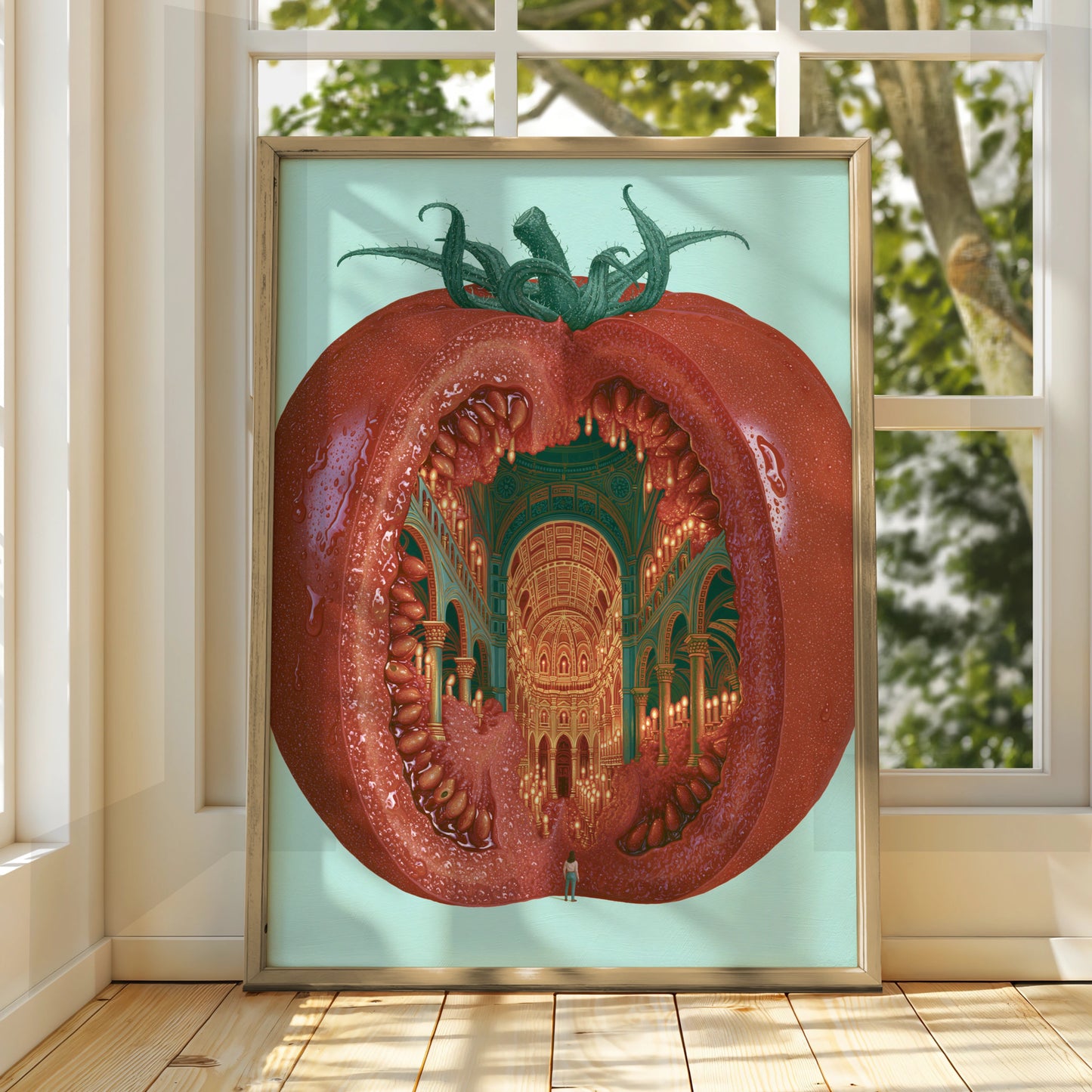 Tomato Cathedral Artwork, Whimsical Fruit Illustration, Modern Kitchen Decor, Vibrant Wall Art