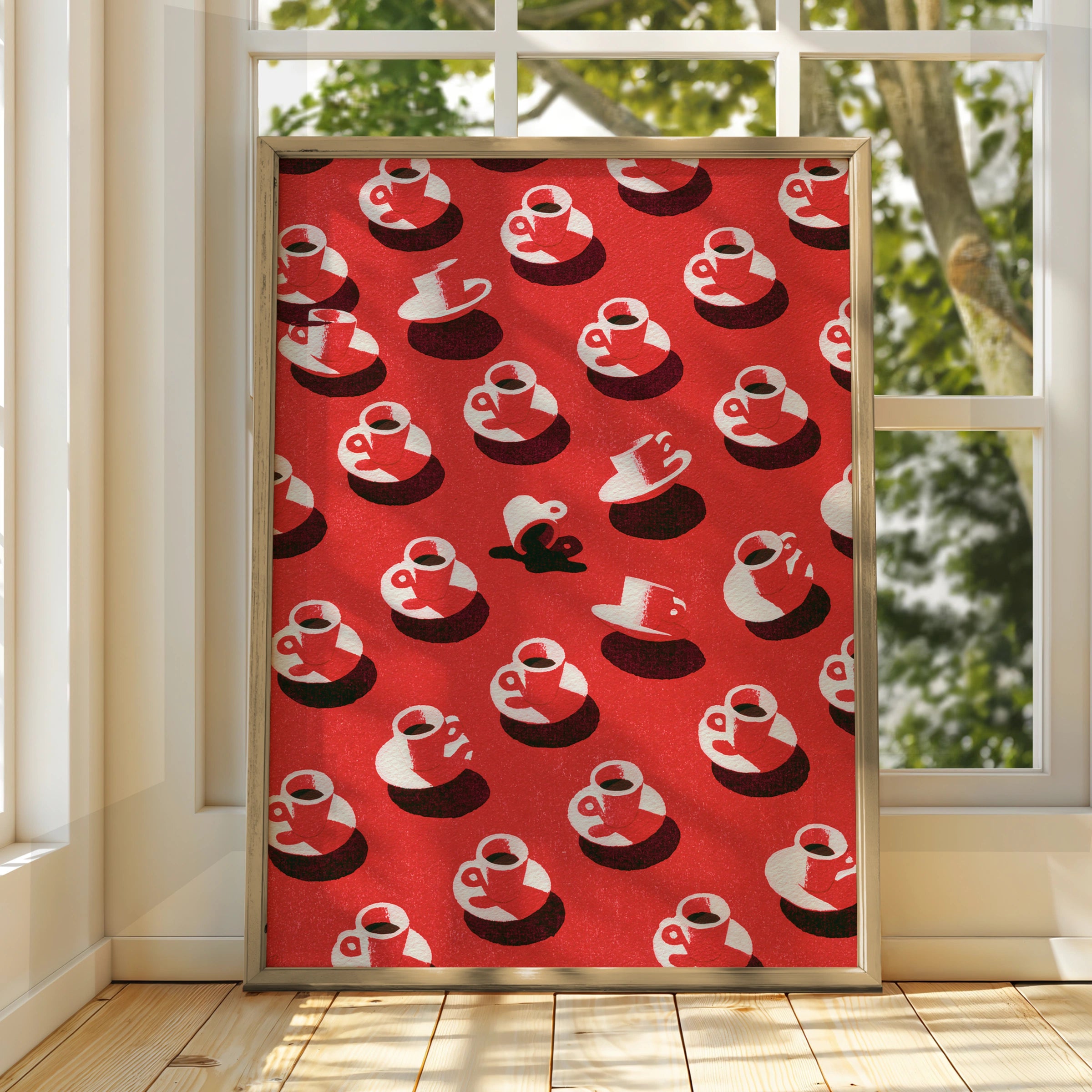Coffee Cup Pattern Art Print, Red Wall Decor, Modern Kitchen Poster, Graphic Drink Design