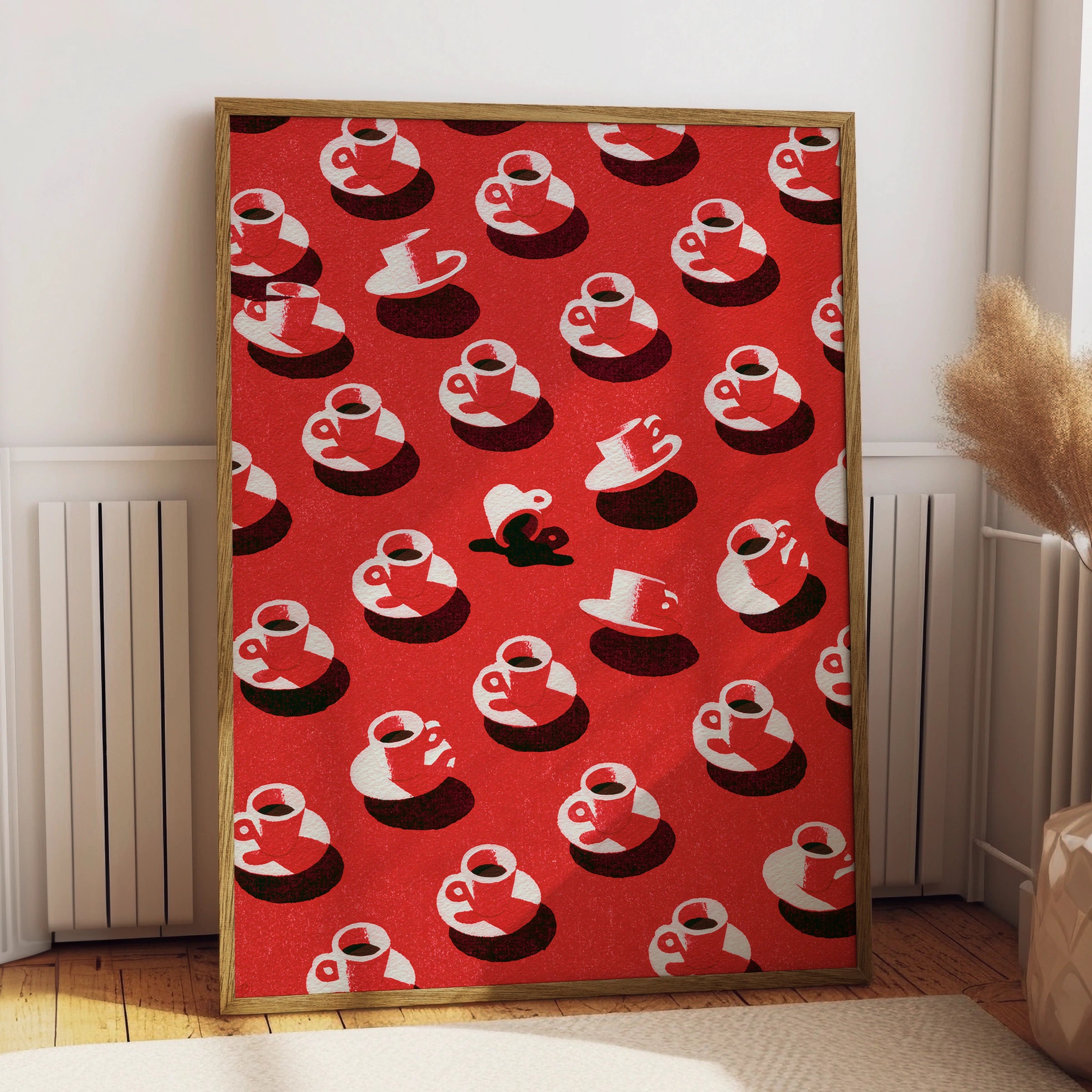 Coffee Cup Pattern Art Print, Red Wall Decor, Modern Kitchen Poster, Graphic Drink Design