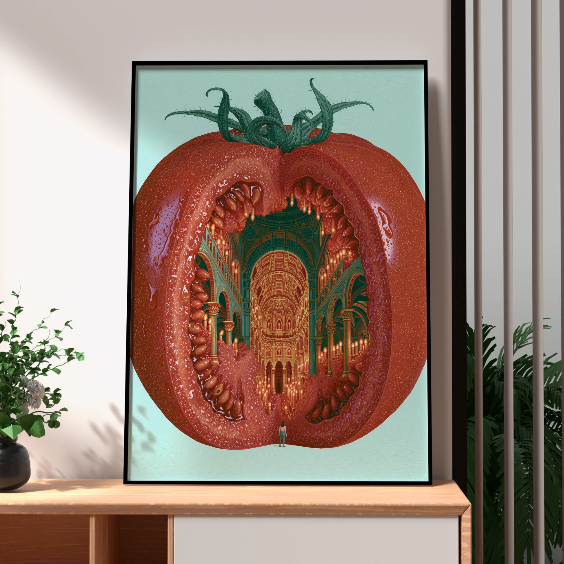 Tomato Cathedral Artwork, Whimsical Fruit Illustration, Modern Kitchen Decor, Vibrant Wall Art