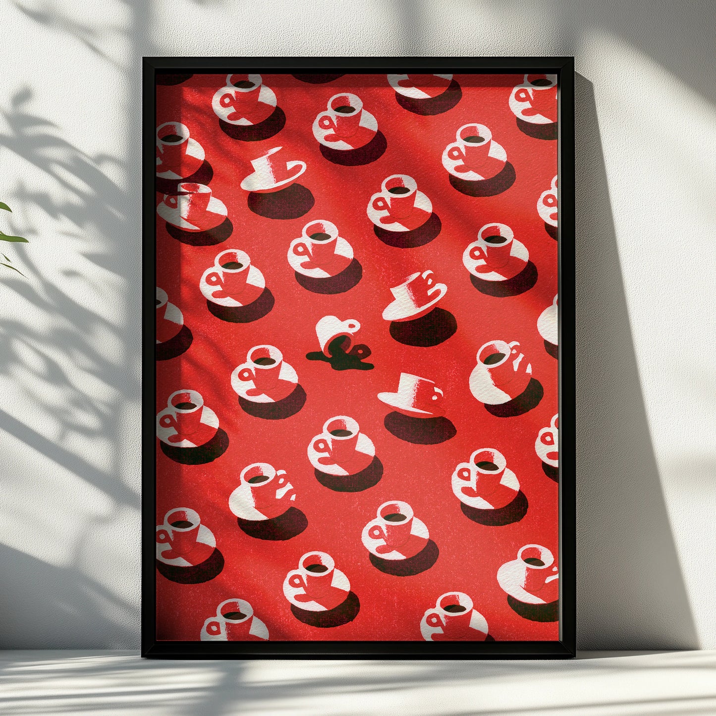 Coffee Cup Pattern Art Print, Red Wall Decor, Modern Kitchen Poster, Graphic Drink Design