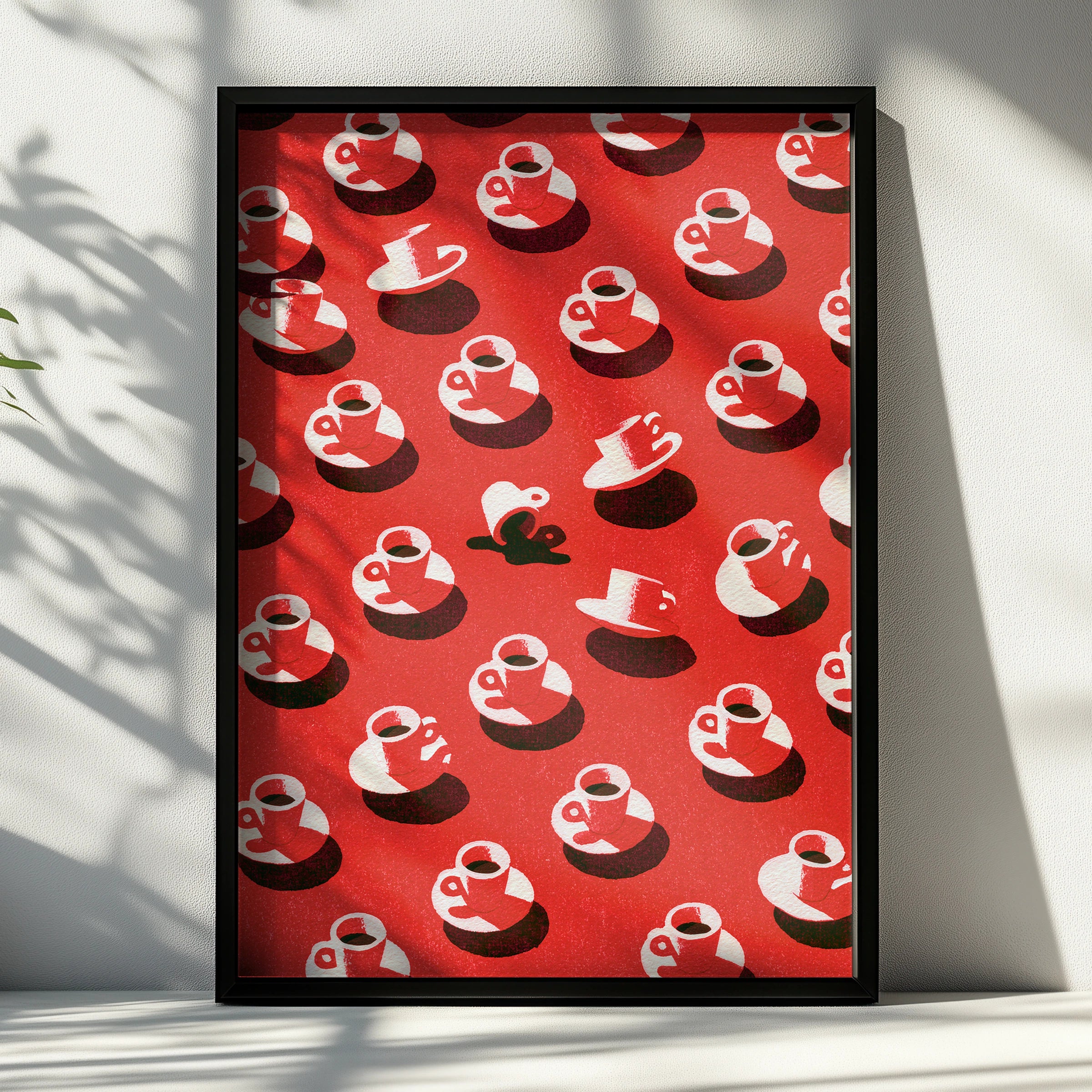 Coffee Cup Pattern Art Print, Red Wall Decor, Modern Kitchen Poster, Graphic Drink Design