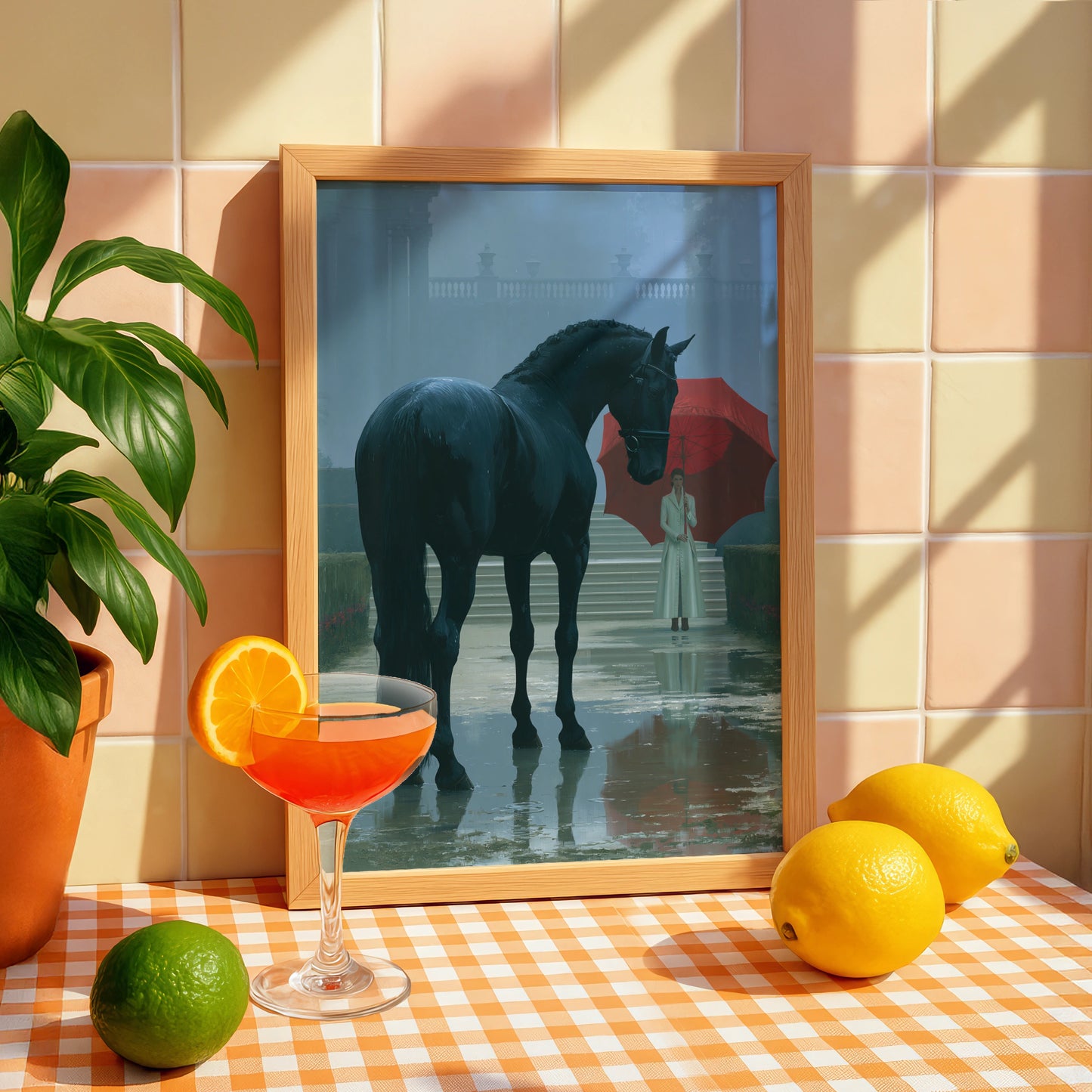 Horse and Woman Under Red Umbrella, Printable Art, Elegant Rainy Scene, Stunning Home Decor