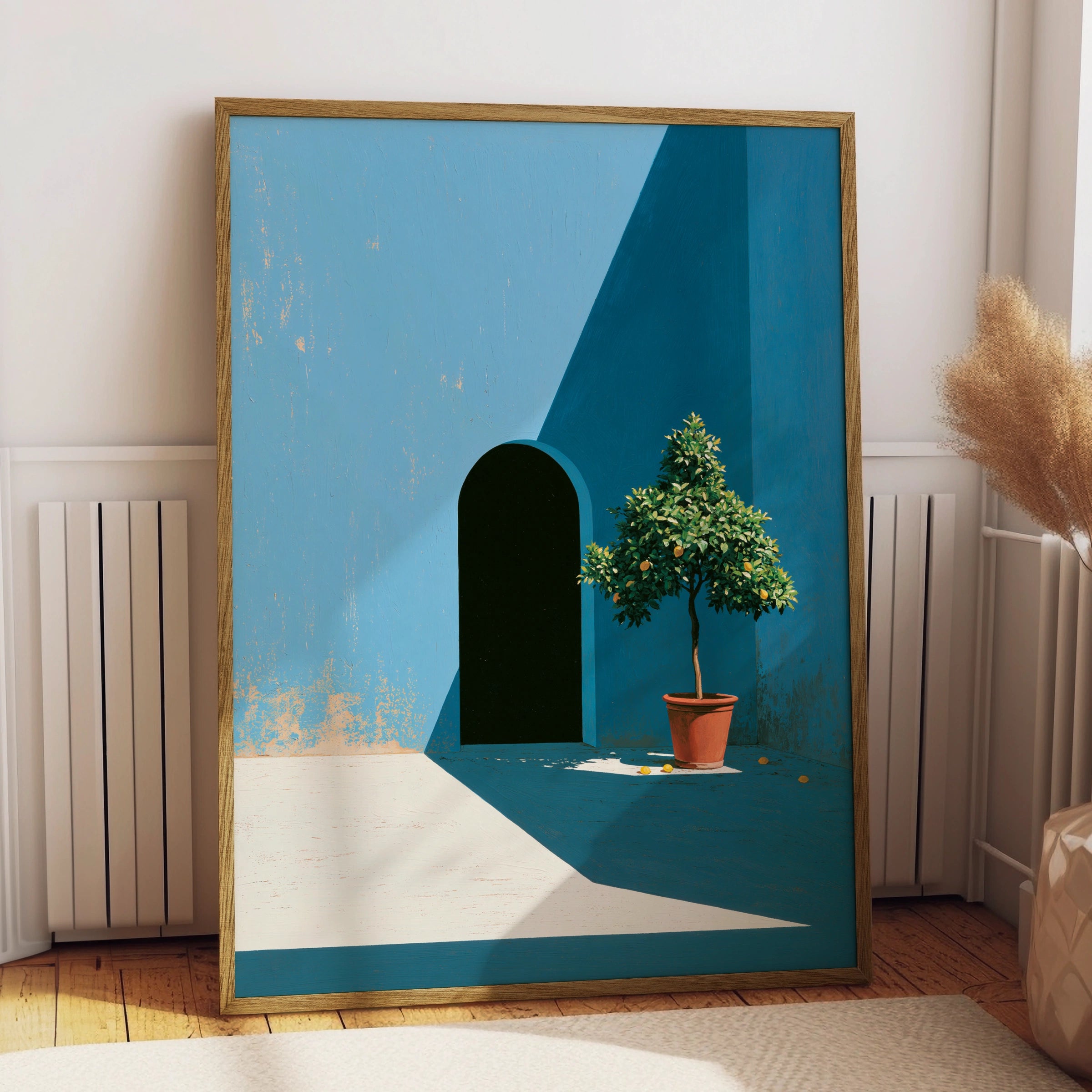 Courtyard Blue Scene, Potted Lemon Tree Art Print, Minimalist Decor, Vibrant Colours