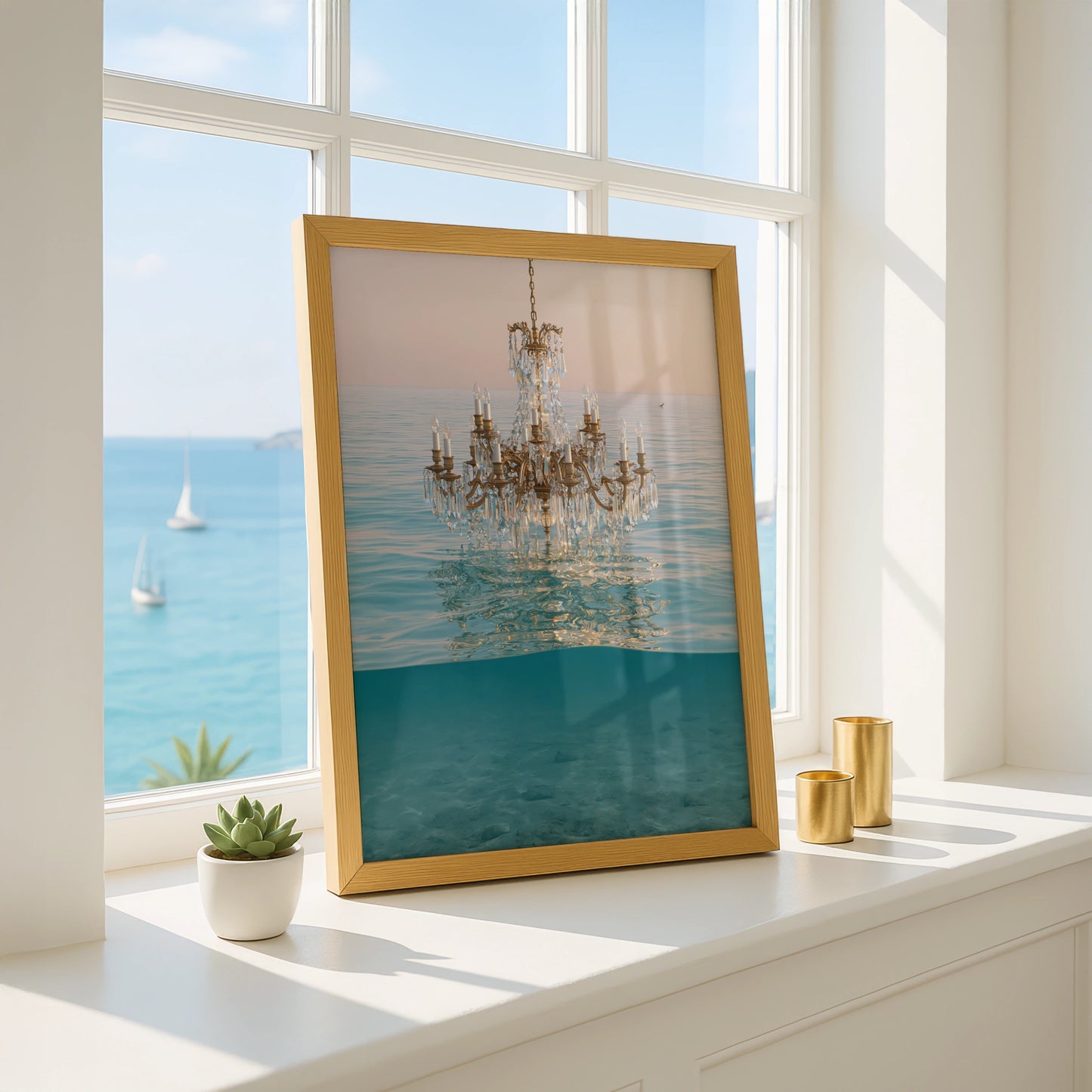 Chandelier Water Scene, Elegant Wall Art, Modern Home Decor, Ocean Aesthetic, Light and Reflections